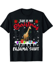 This Is My Christmas Pajama Shirt X-mas Light Santa Giraffe T-Shirt 180G 100% Cotton Printed Round Neck Short-Sleeve T-Shirt, Gifts for Men Dad Husband Grandpa, S-XXXL, Black