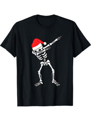 Dabbing Skeleton With Santa Claus Hat Christmas Dab Dance T-Shirt 180G 100% Cotton Printed Round Neck Short-Sleeve T-Shirt, Gifts for Men Dad Husband Grandpa, S-XXXL, Black