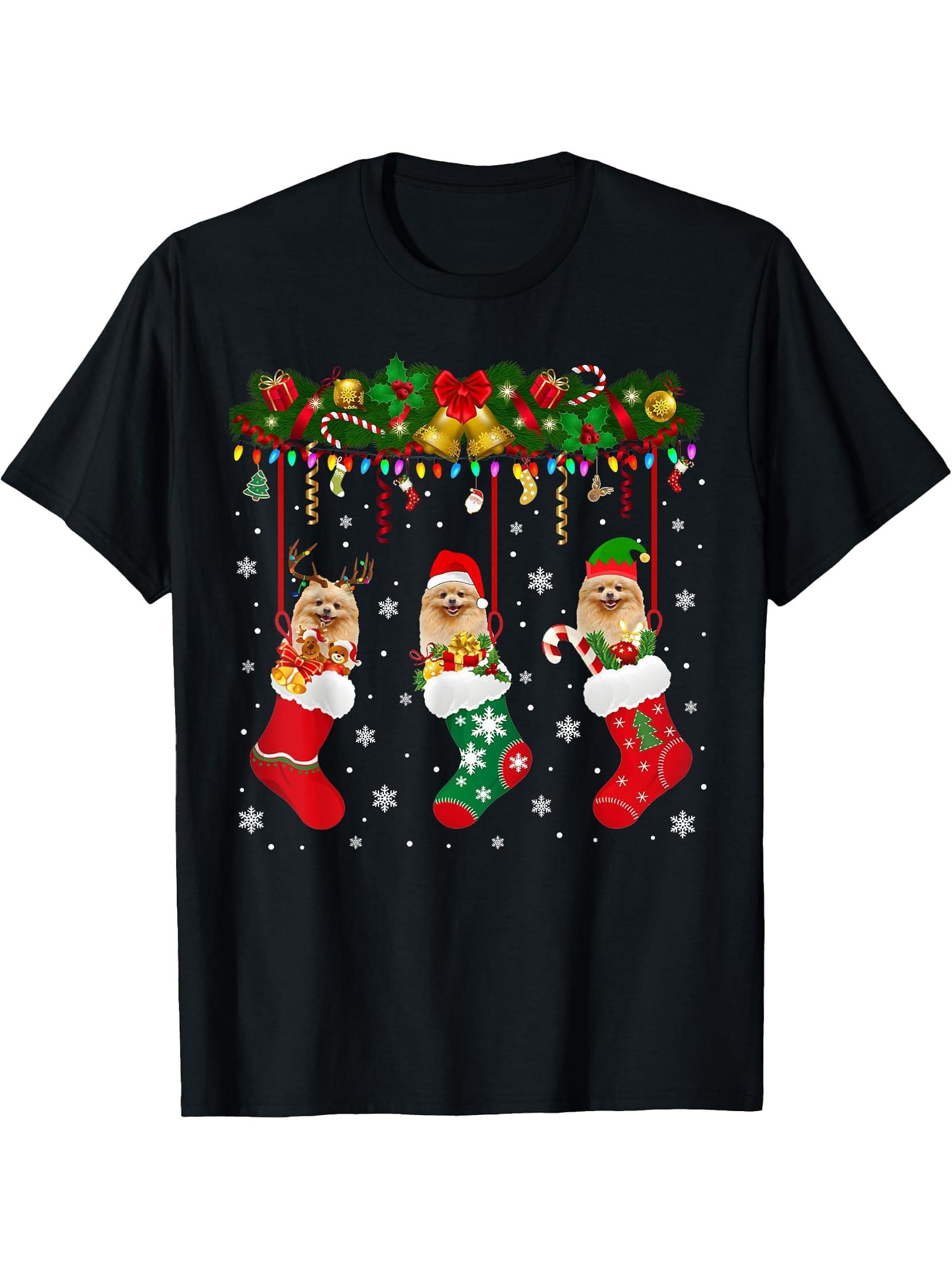Pomeranian In Sock Xmas Reindeer Santa ELF Dog T-Shirt 180G 100% Cotton Printed Round Neck Short-Sleeve T-Shirt, Gifts for Men Dad Husband Grandpa, S-XXXL, Black