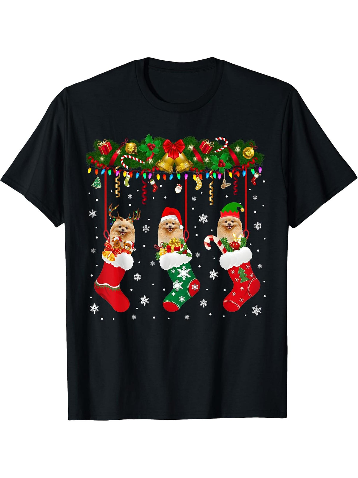 Pomeranian In Sock Xmas Reindeer Santa ELF Dog T-Shirt 180G 100% Cotton Printed Round Neck Short-Sleeve T-Shirt, Gifts for Men Dad Husband Grandpa, S-XXXL, Black
