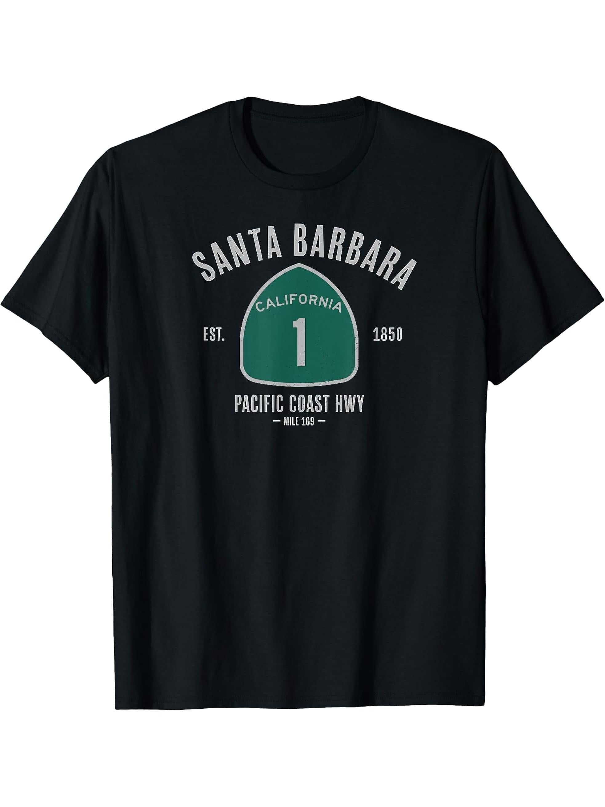 Santa Barbara PCH Shirt Vintage Pacific Coast Highway Tee T-Shirt 180G 100% Cotton Printed Round Neck Short-Sleeve T-Shirt, Gifts for Men Dad Husband Grandpa, S-XXXL, Black