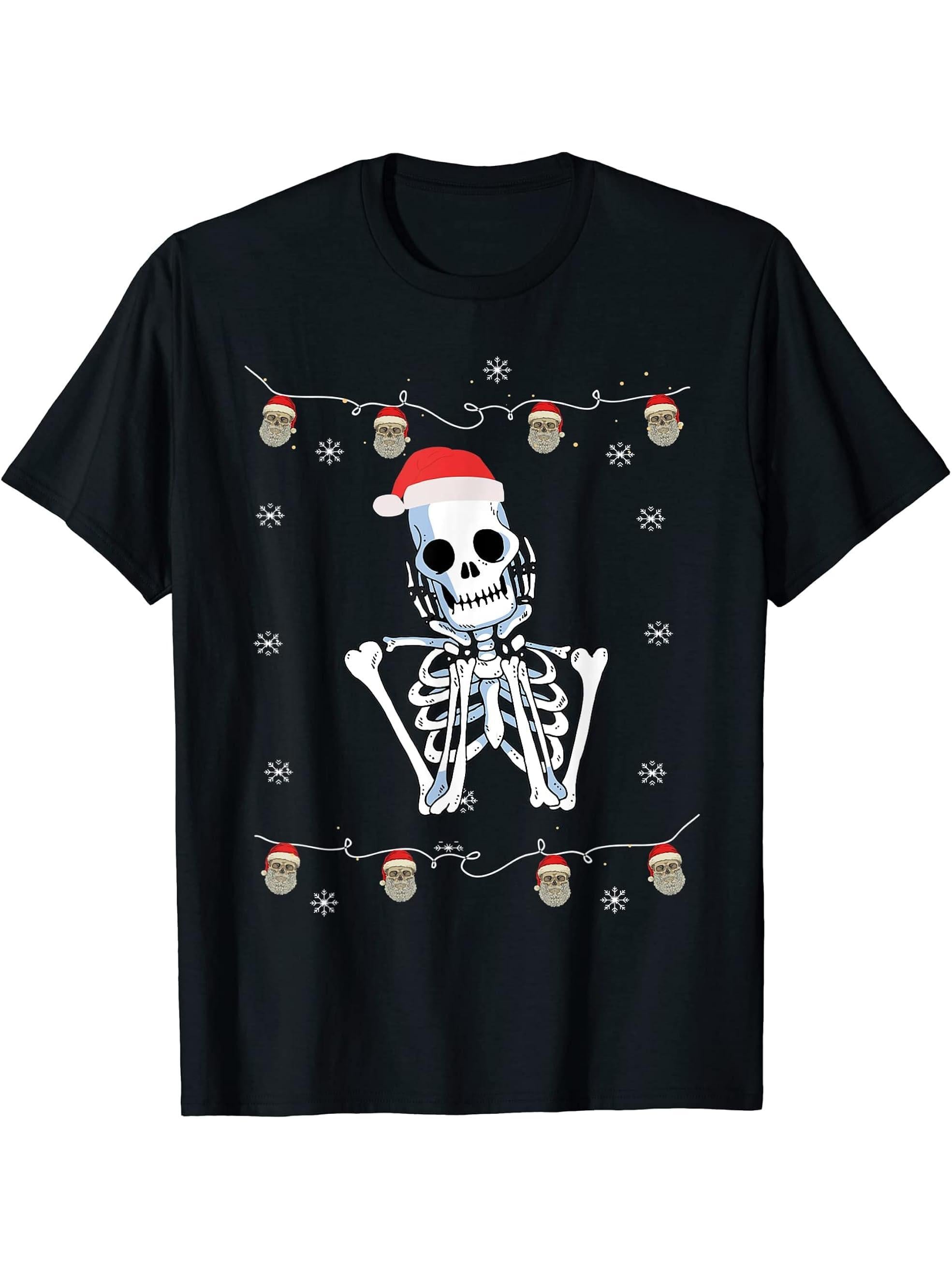 Xmas Ugly Christmas Skull Apprel Skeleton with Santa hat T-Shirt 180G 100% Cotton Printed Round Neck Short-Sleeve T-Shirt, Gifts for Men Dad Husband Grandpa, S-XXXL, Black