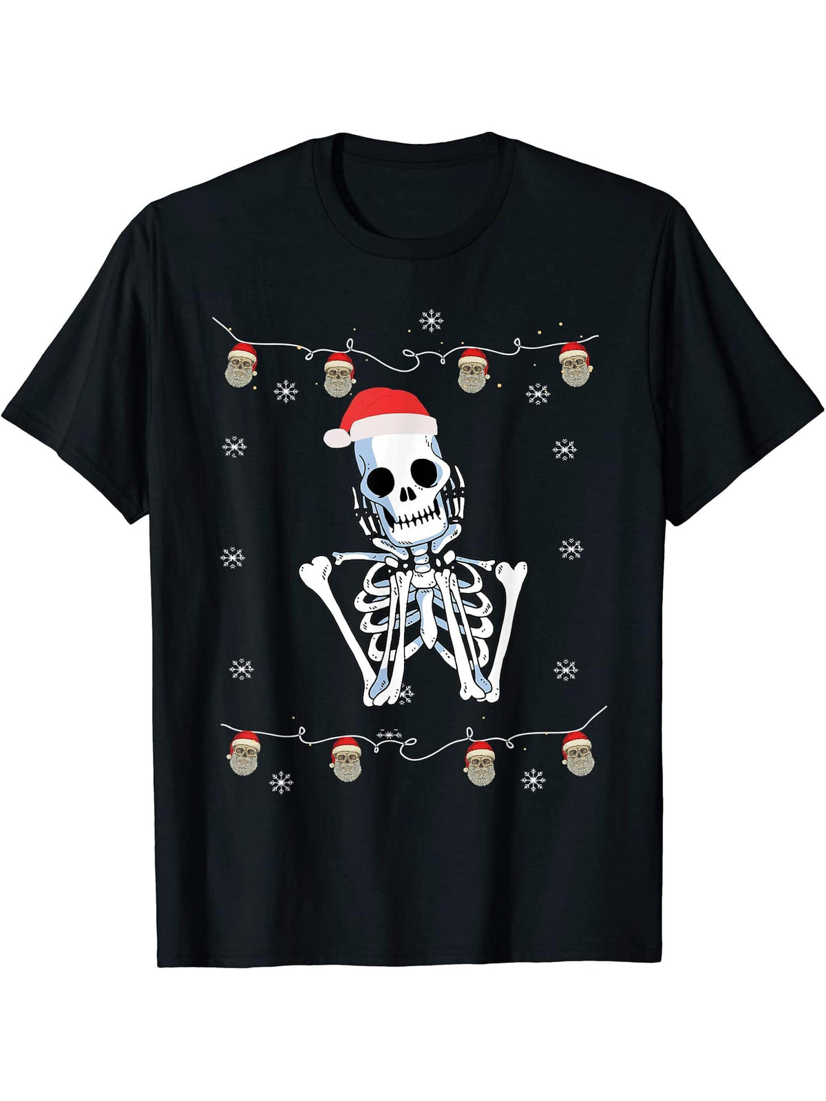 Xmas Ugly Christmas Skull Apprel Skeleton with Santa hat T-Shirt 180G 100% Cotton Printed Round Neck Short-Sleeve T-Shirt, Gifts for Men Dad Husband Grandpa, S-XXXL, Black