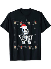 Xmas Ugly Christmas Skull Apprel Skeleton with Santa hat T-Shirt 180G 100% Cotton Printed Round Neck Short-Sleeve T-Shirt, Gifts for Men Dad Husband Grandpa, S-XXXL, Black