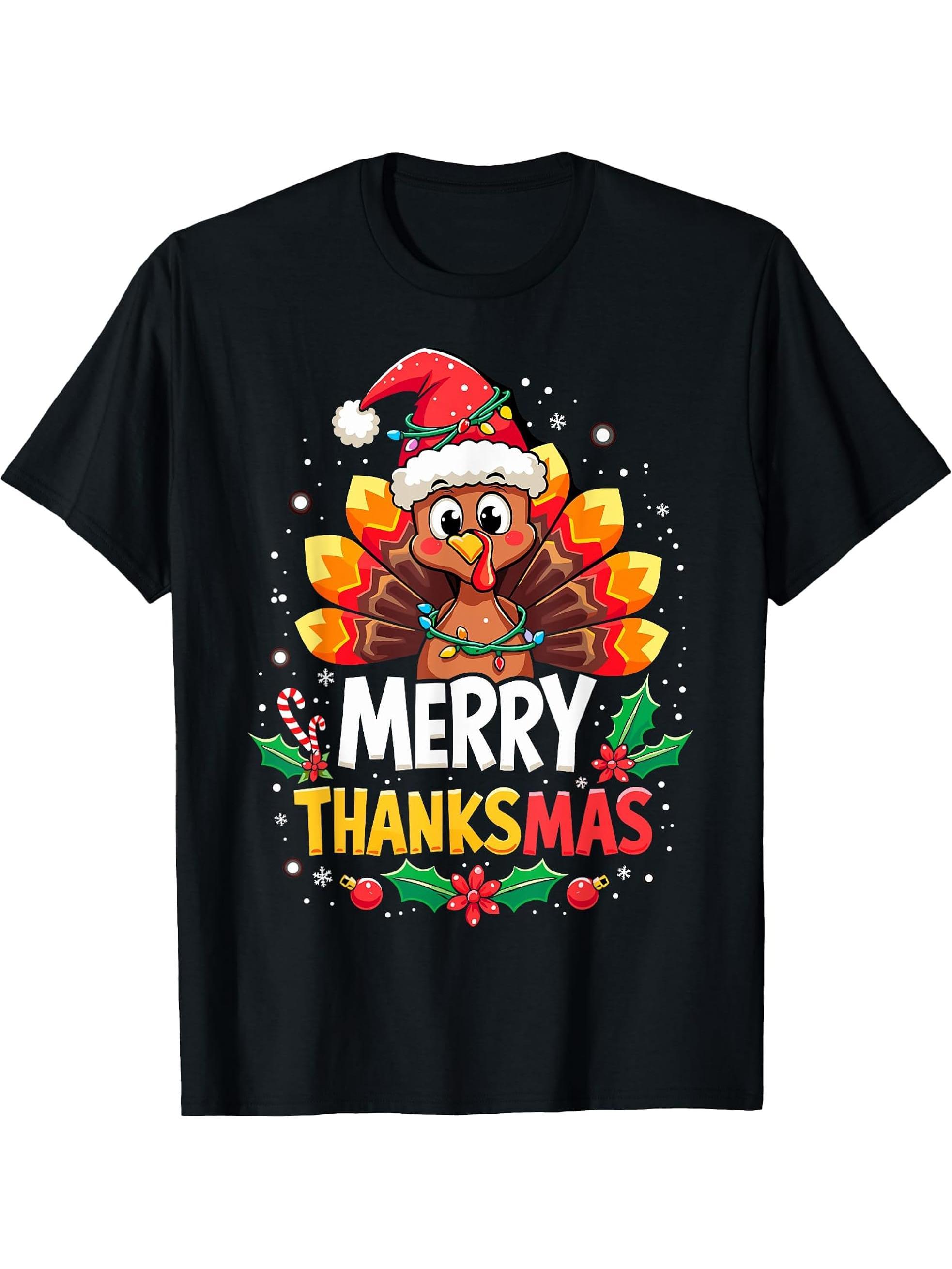 Turkey Santa Happy Merry Thanksmas Thanksgiving Christmas T-Shirt 180G 100% Cotton Printed Round Neck Short-Sleeve T-Shirt, Gifts for Men Dad Husband Grandpa, S-XXXL, Black