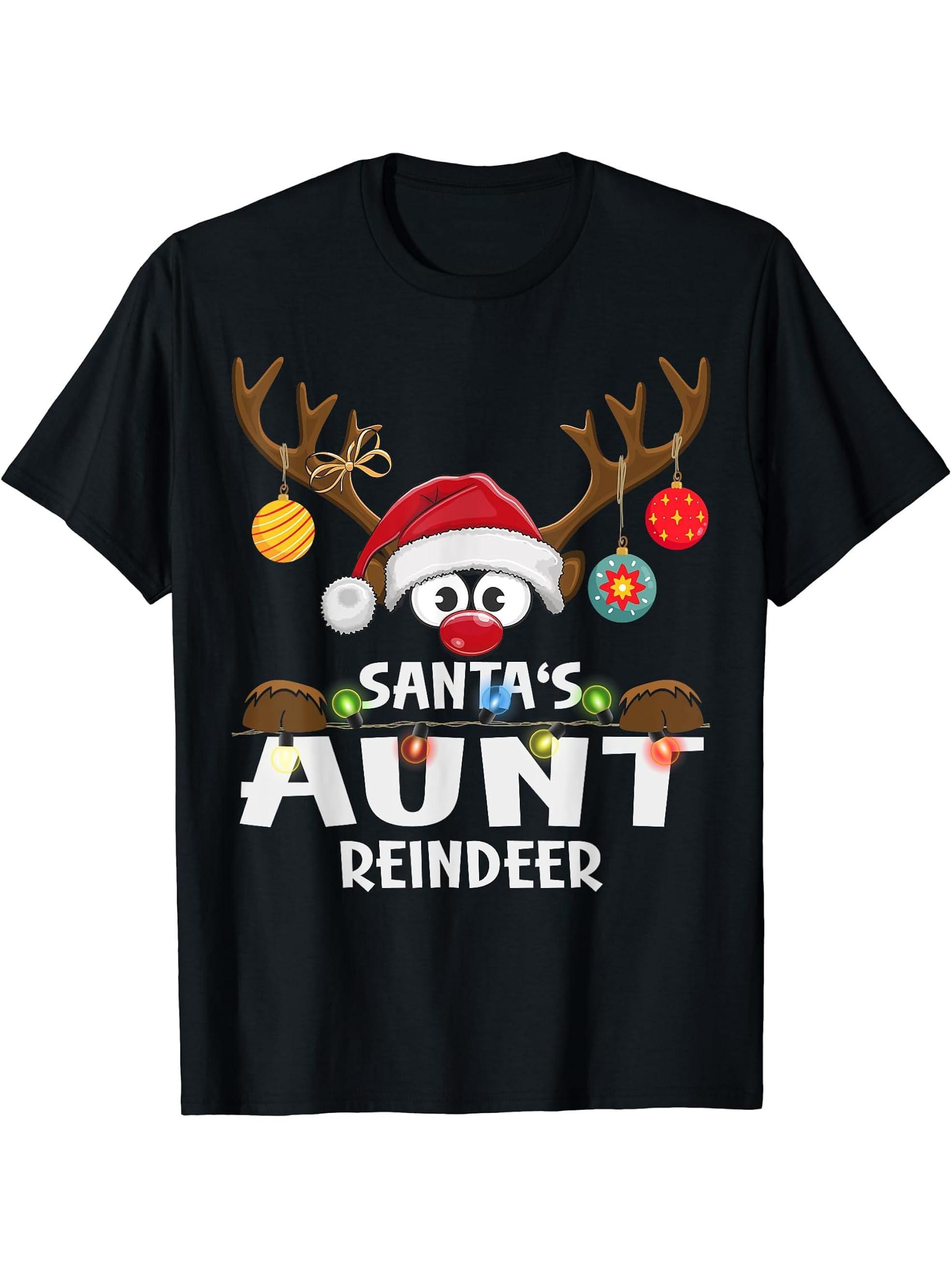 Christmas Family Santa's Aunt Reindeer Pajama T-Shirt 180G 100% Cotton Printed Round Neck Short-Sleeve T-Shirt, Gifts for Men Dad Husband Grandpa, S-XXXL, Black