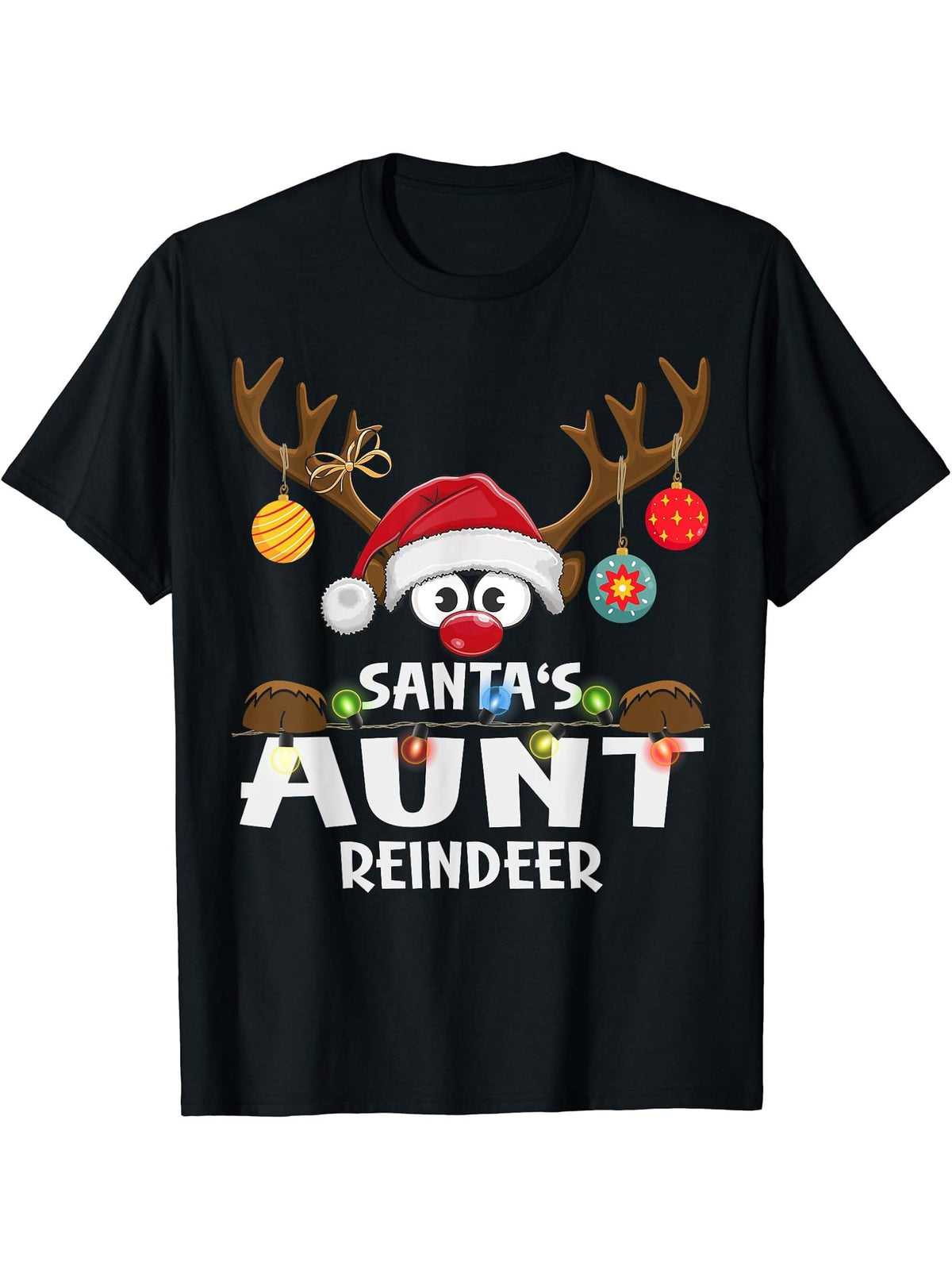 Christmas Family Santa's Aunt Reindeer Pajama T-Shirt 180G 100% Cotton Printed Round Neck Short-Sleeve T-Shirt, Gifts for Men Dad Husband Grandpa, S-XXXL, Black