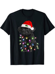 Black Poodle dog Santa Christmas Tree Lights Xmas Boys Dog T-Shirt 180G 100% Cotton Printed Round Neck Short-Sleeve T-Shirt, Gifts for Men Dad Husband Grandpa, S-XXXL, Black
