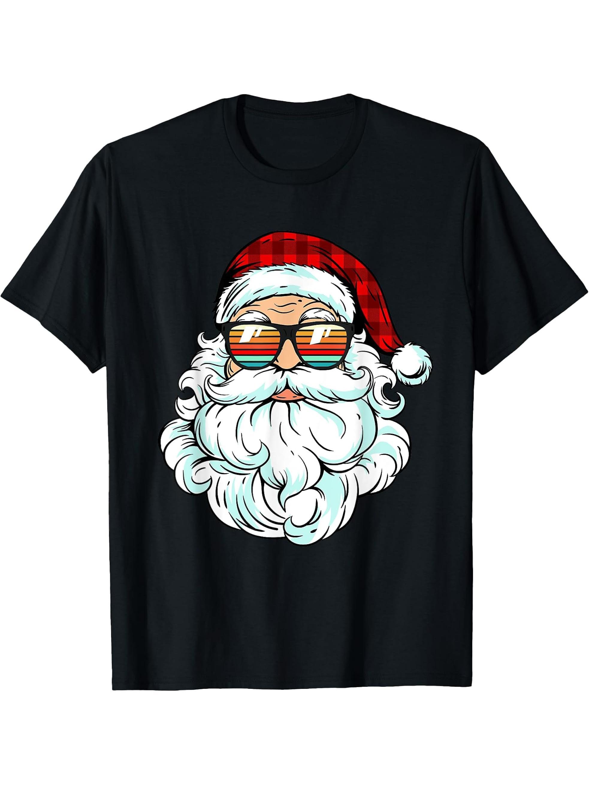 Santa Face Retro Sunglasses Christmas Boy Girl Men Women T-Shirt 180G 100% Cotton Printed Round Neck Short-Sleeve T-Shirt, Gifts for Men Dad Husband Grandpa, S-XXXL, Black