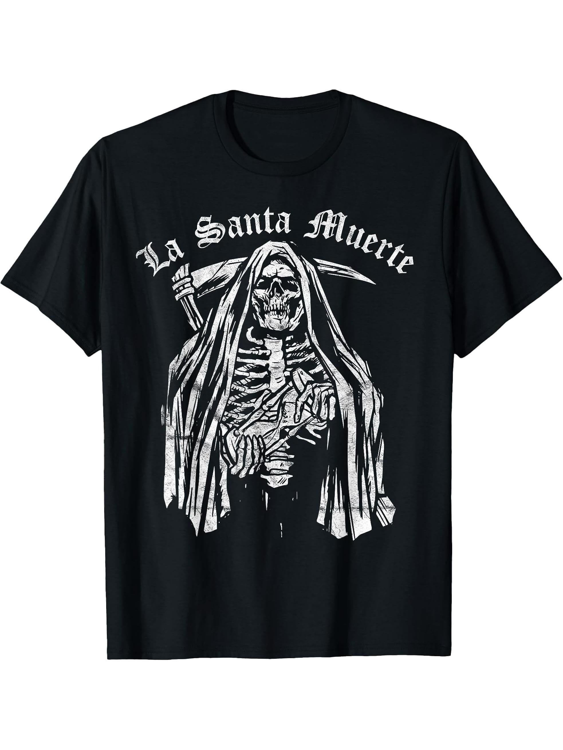 La Santa Muerte T-Shirt 180G 100% Cotton Printed Round Neck Short-Sleeve T-Shirt, Gifts for Men Dad Husband Grandpa, S-XXXL, Black