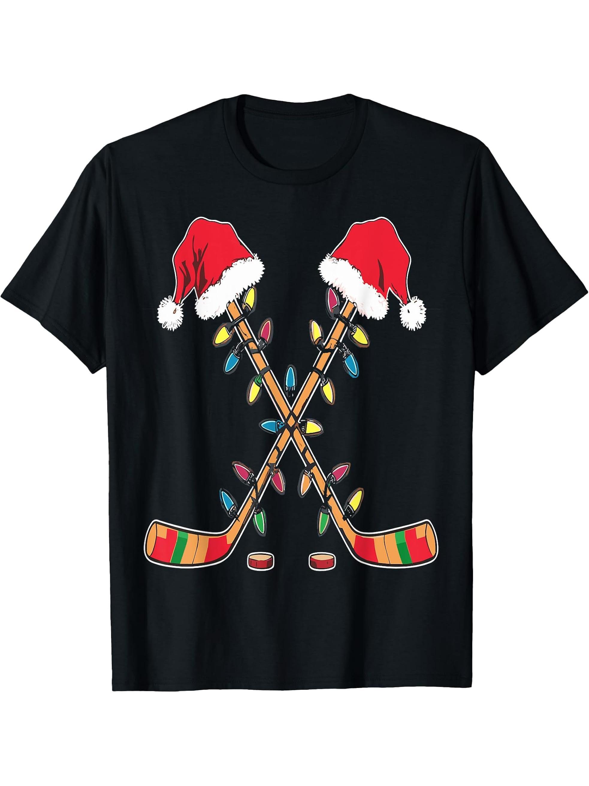 Hockey Santa Hat Christmas Lights Funny Sport Xmas men Boys T-Shirt 180G 100% Cotton Printed Round Neck Short-Sleeve T-Shirt, Gifts for Men Dad Husband Grandpa, S-XXXL, Black