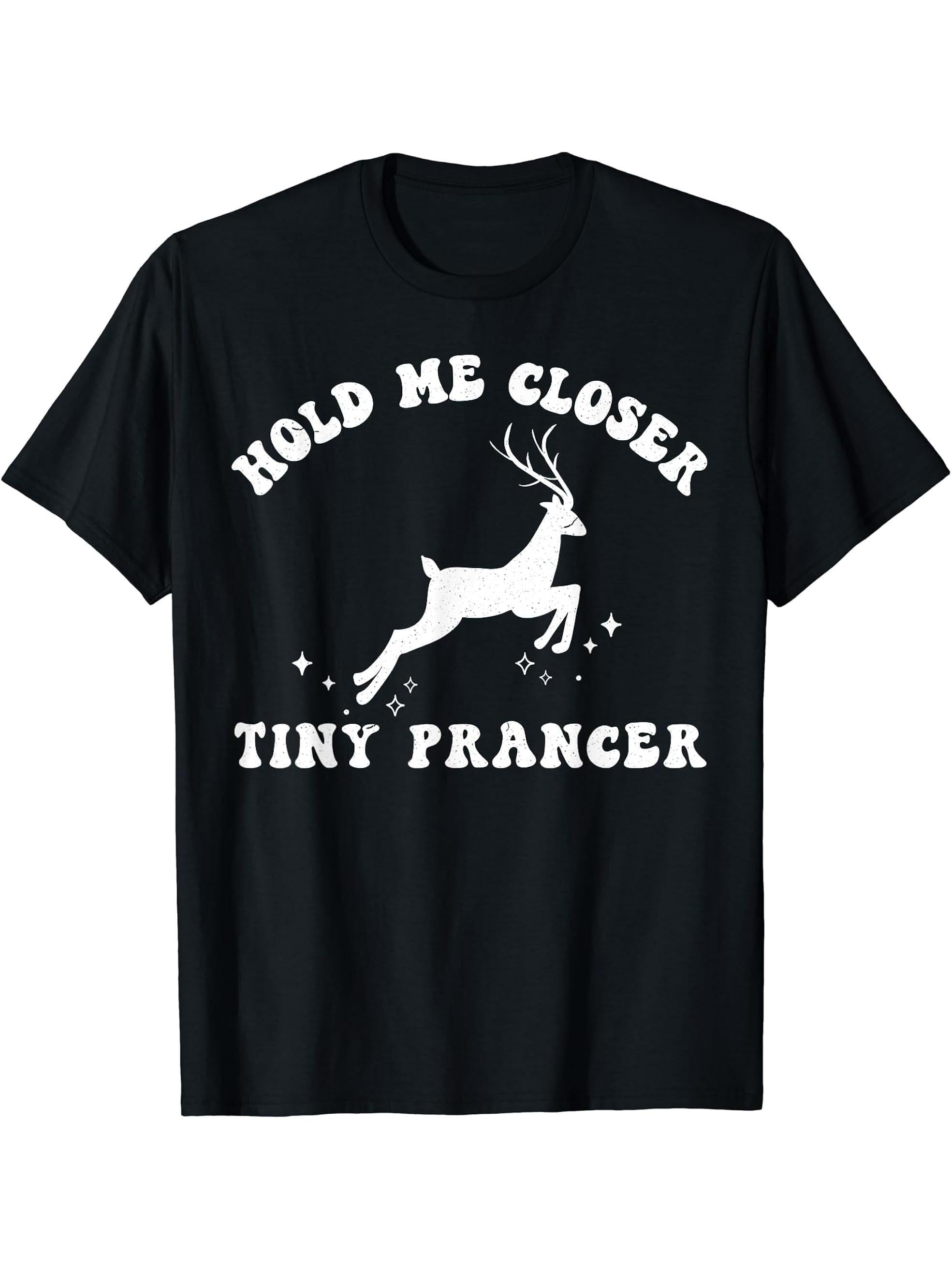 Vintage Hold Me Closer Tiny Prancer Santa Xmas Holiday T-Shirt 180G 100% Cotton Printed Round Neck Short-Sleeve T-Shirt, Gifts for Men Dad Husband Grandpa, S-XXXL, Black