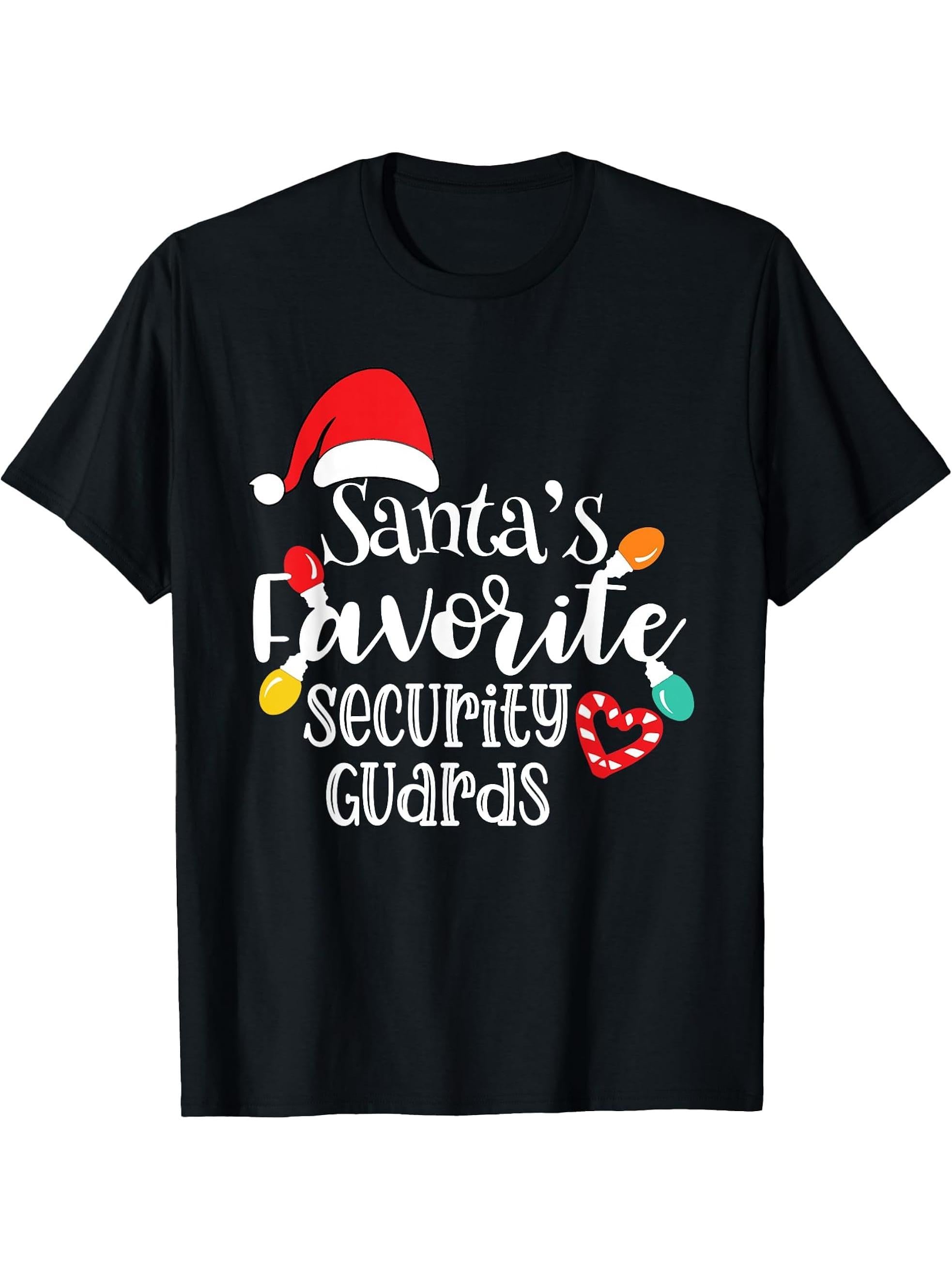 Santa's Favorite Security Guards Christmas Lights Santa Hat T-Shirt 180G 100% Cotton Printed Round Neck Short-Sleeve T-Shirt, Gifts for Men Dad Husband Grandpa, S-XXXL, Black