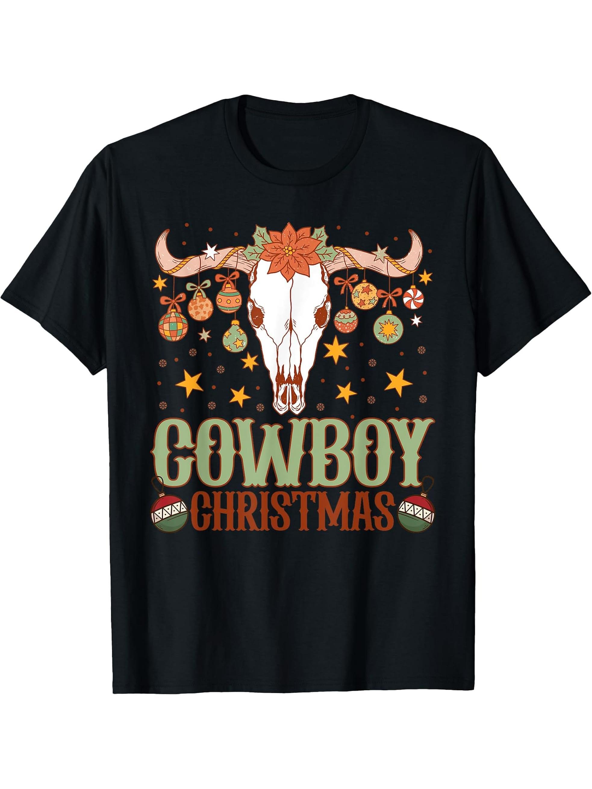 Howdy Santa Claus Retro Groovy Cowboy Western Christmas T-Shirt 180G 100% Cotton Printed Round Neck Short-Sleeve T-Shirt, Gifts for Men Dad Husband Grandpa, S-XXXL, Black