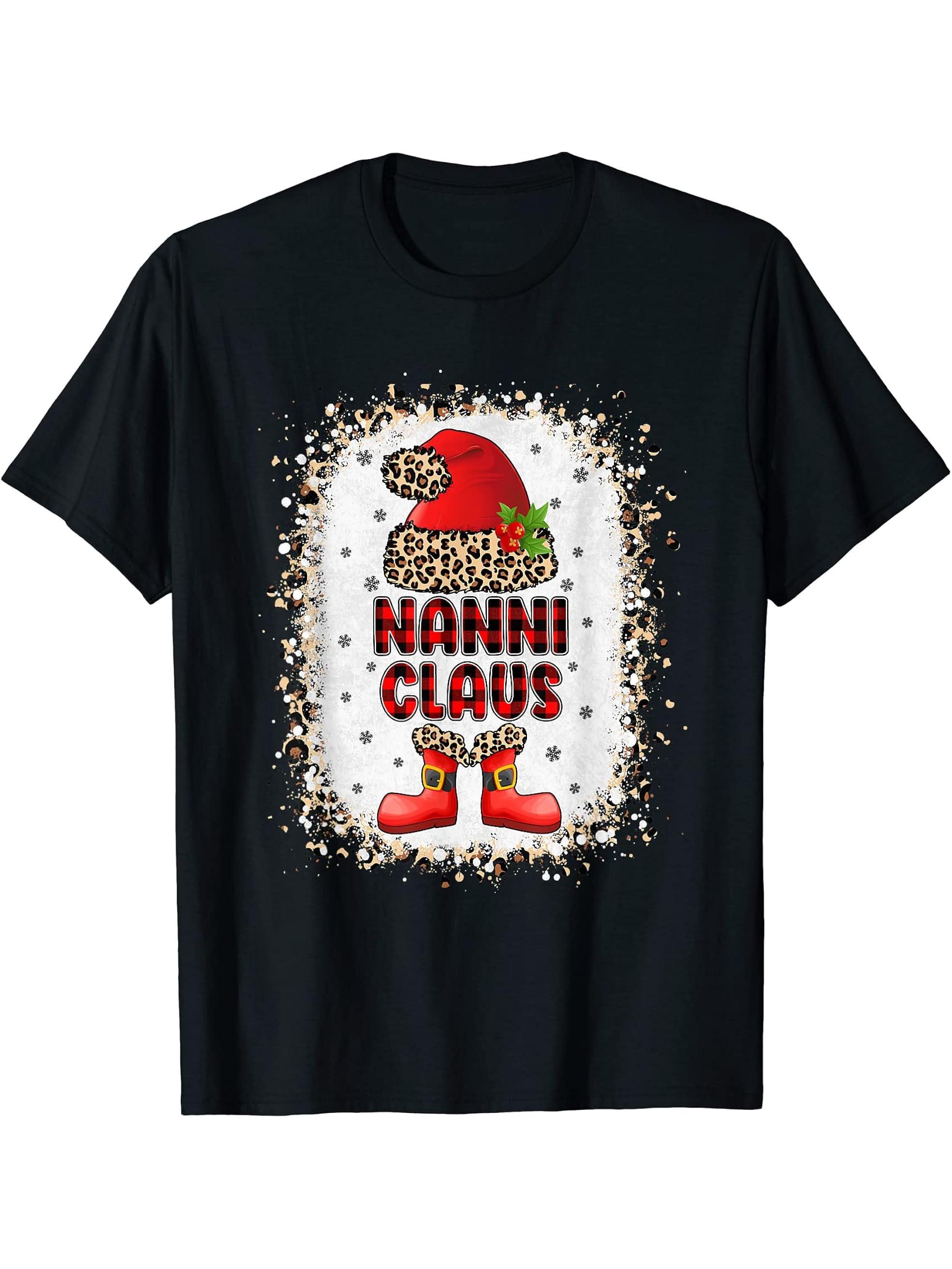 Funny Nanni Claus Santa Leopard Family Matching Christmas T-Shirt 180G 100% Cotton Printed Round Neck Short-Sleeve T-Shirt, Gifts for Men Dad Husband Grandpa, S-XXXL, Black