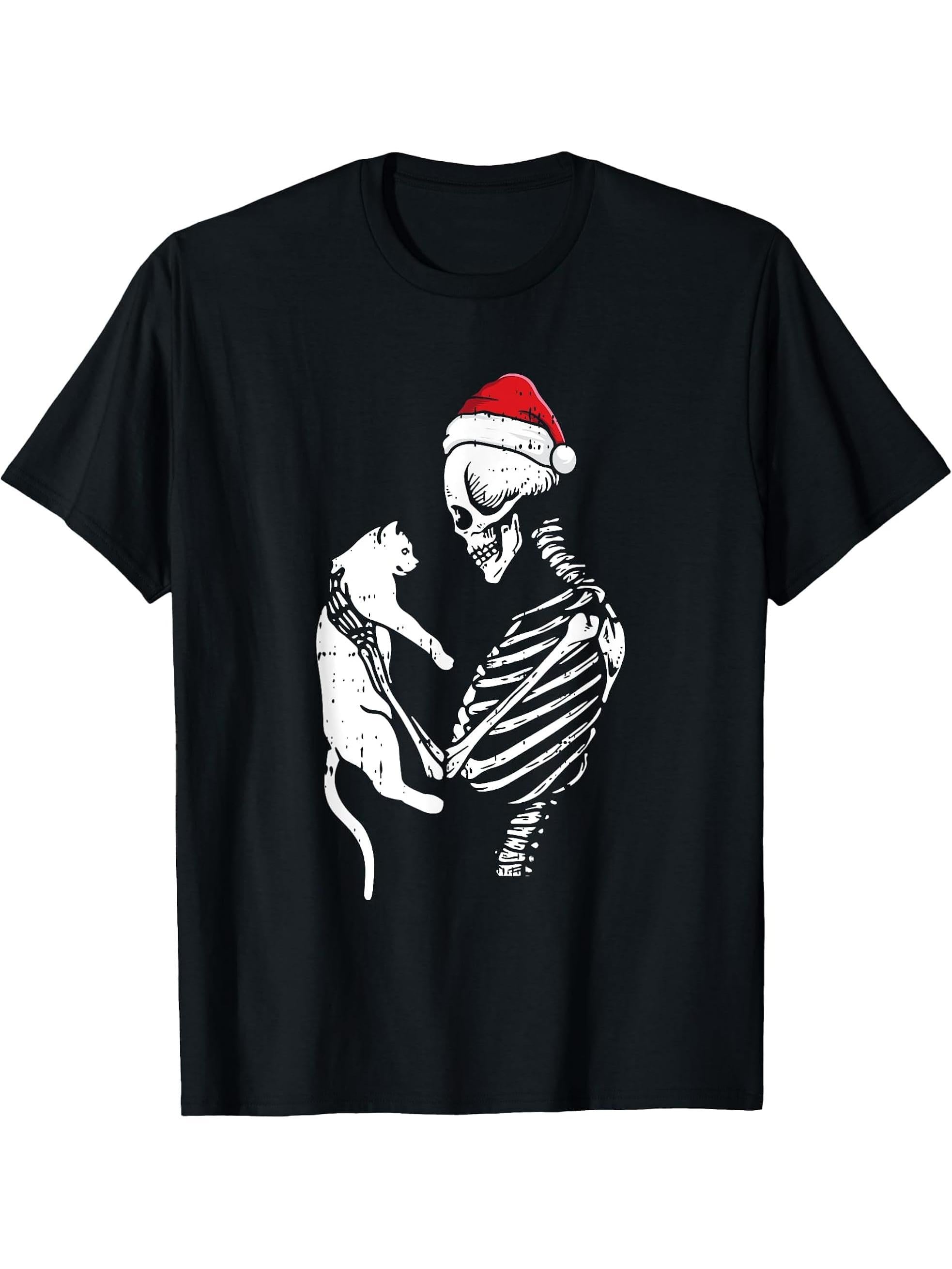 Skeleton Holding Cat Christmas Pajama Santa Hat Xmas Holiday T-Shirt 180G 100% Cotton Printed Round Neck Short-Sleeve T-Shirt, Gifts for Men Dad Husband Grandpa, S-XXXL, Black