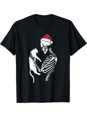 Skeleton Holding Cat Christmas Pajama Santa Hat Xmas Holiday T-Shirt 180G 100% Cotton Printed Round Neck Short-Sleeve T-Shirt, Gifts for Men Dad Husband Grandpa, S-XXXL, Black