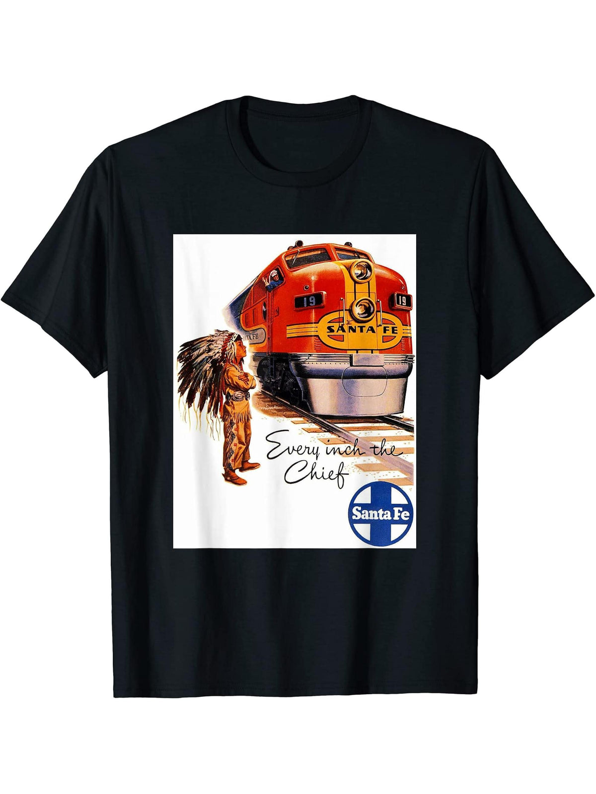 Santa Fe Railway Native American Train Rails Travel T-Shirt 180G 100% Cotton Printed Round Neck Short-Sleeve T-Shirt, Gifts for Men Dad Husband Grandpa, S-XXXL, Black