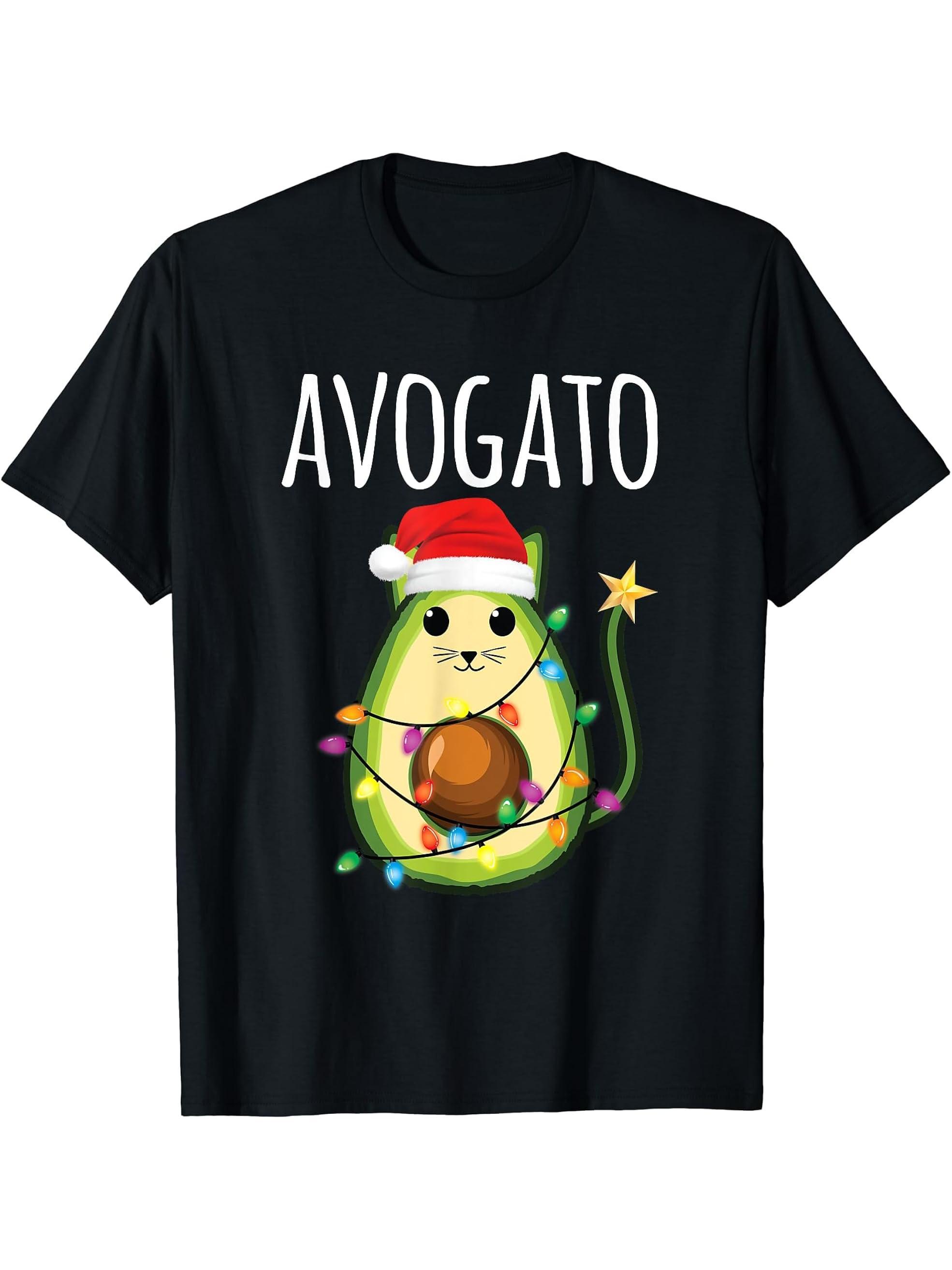 Avogato for Women Santa Avocado Cat Funny Christmas Cat T-Shirt 180G 100% Cotton Printed Round Neck Short-Sleeve T-Shirt, Gifts for Men Dad Husband Grandpa, S-XXXL, Black