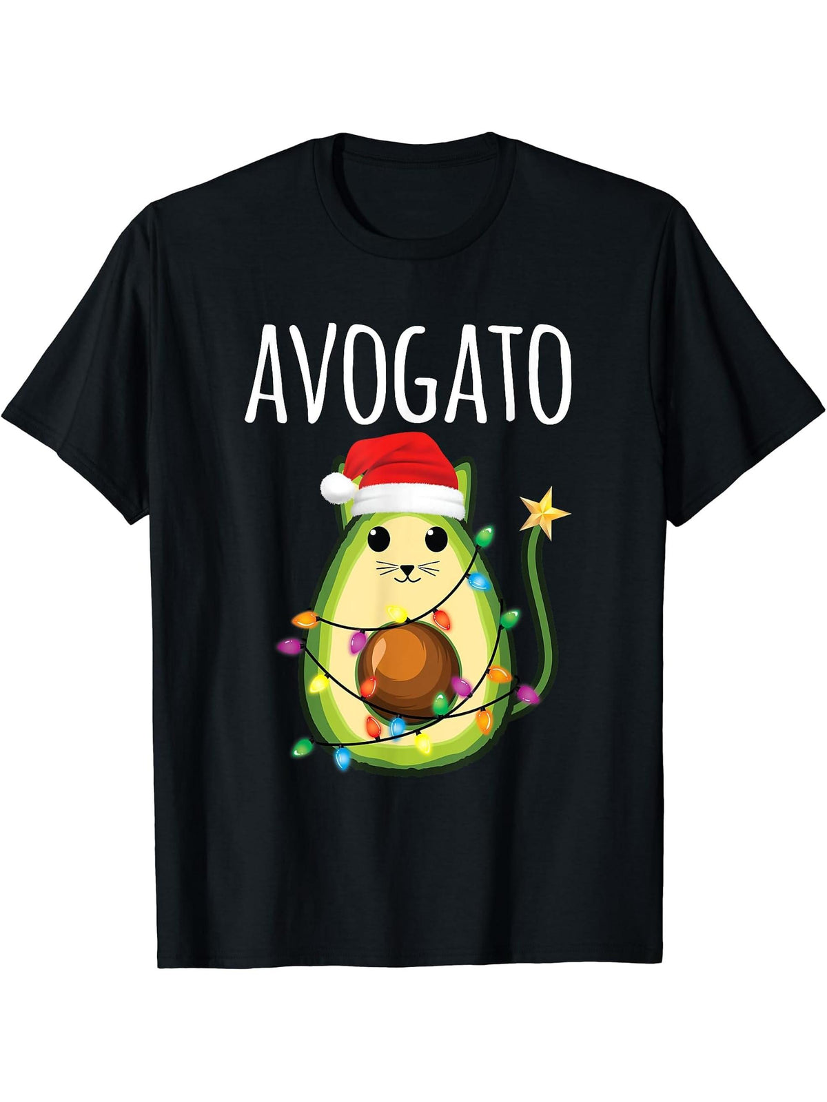 Avogato for Women Santa Avocado Cat Funny Christmas Cat T-Shirt 180G 100% Cotton Printed Round Neck Short-Sleeve T-Shirt, Gifts for Men Dad Husband Grandpa, S-XXXL, Black