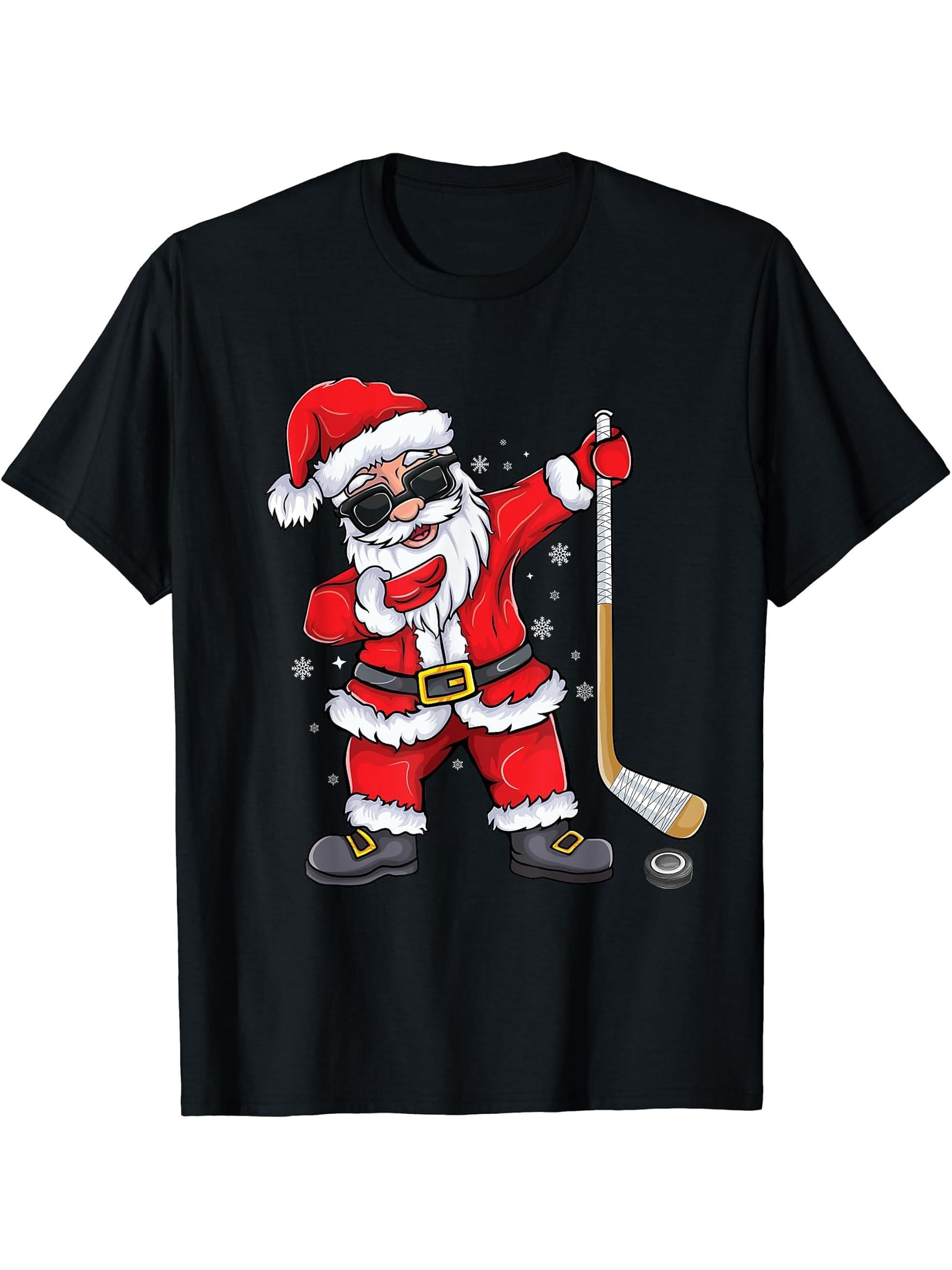 Dabbing Santa Ice Hockey Boy Girl Boys Girls funny Christmas T-Shirt 180G 100% Cotton Printed Round Neck Short-Sleeve T-Shirt, Gifts for Men Dad Husband Grandpa, S-XXXL, Black