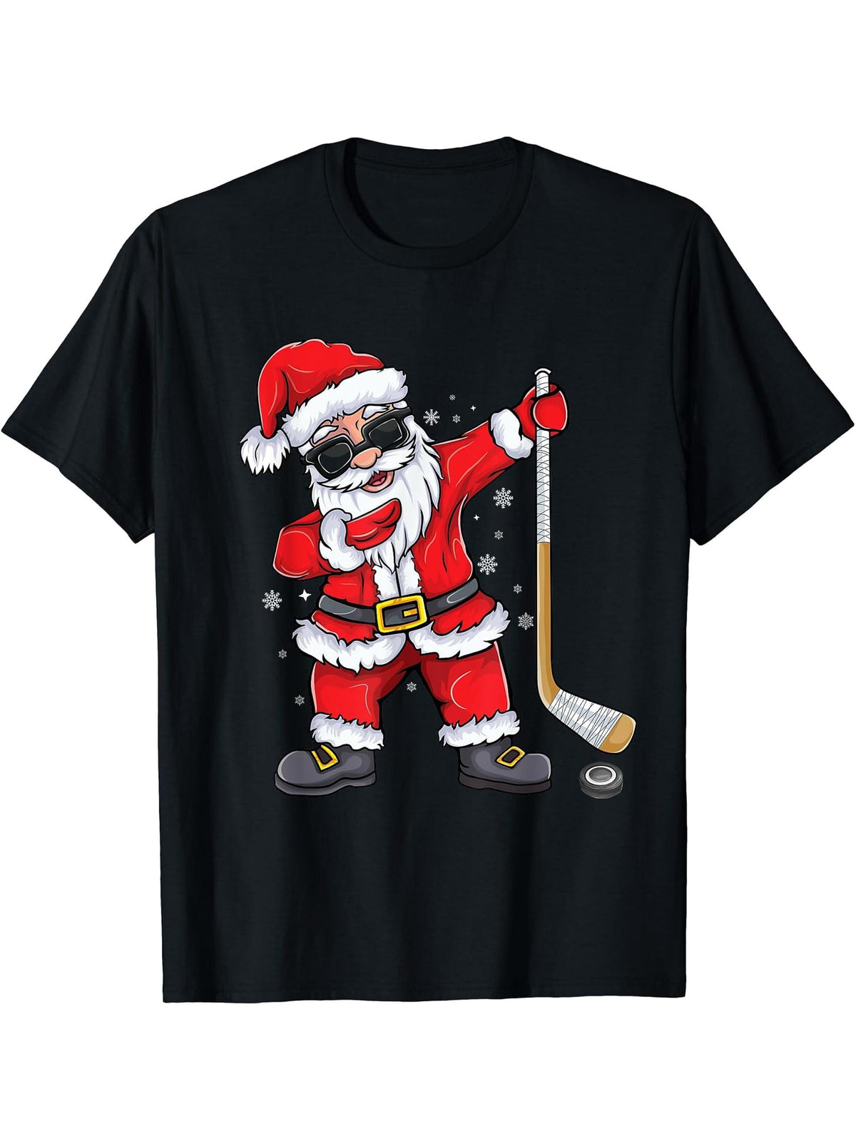 Dabbing Santa Ice Hockey Boy Girl Boys Girls funny Christmas T-Shirt 180G 100% Cotton Printed Round Neck Short-Sleeve T-Shirt, Gifts for Men Dad Husband Grandpa, S-XXXL, Black