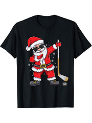 Dabbing Santa Ice Hockey Boy Girl Boys Girls funny Christmas T-Shirt 180G 100% Cotton Printed Round Neck Short-Sleeve T-Shirt, Gifts for Men Dad Husband Grandpa, S-XXXL, Black