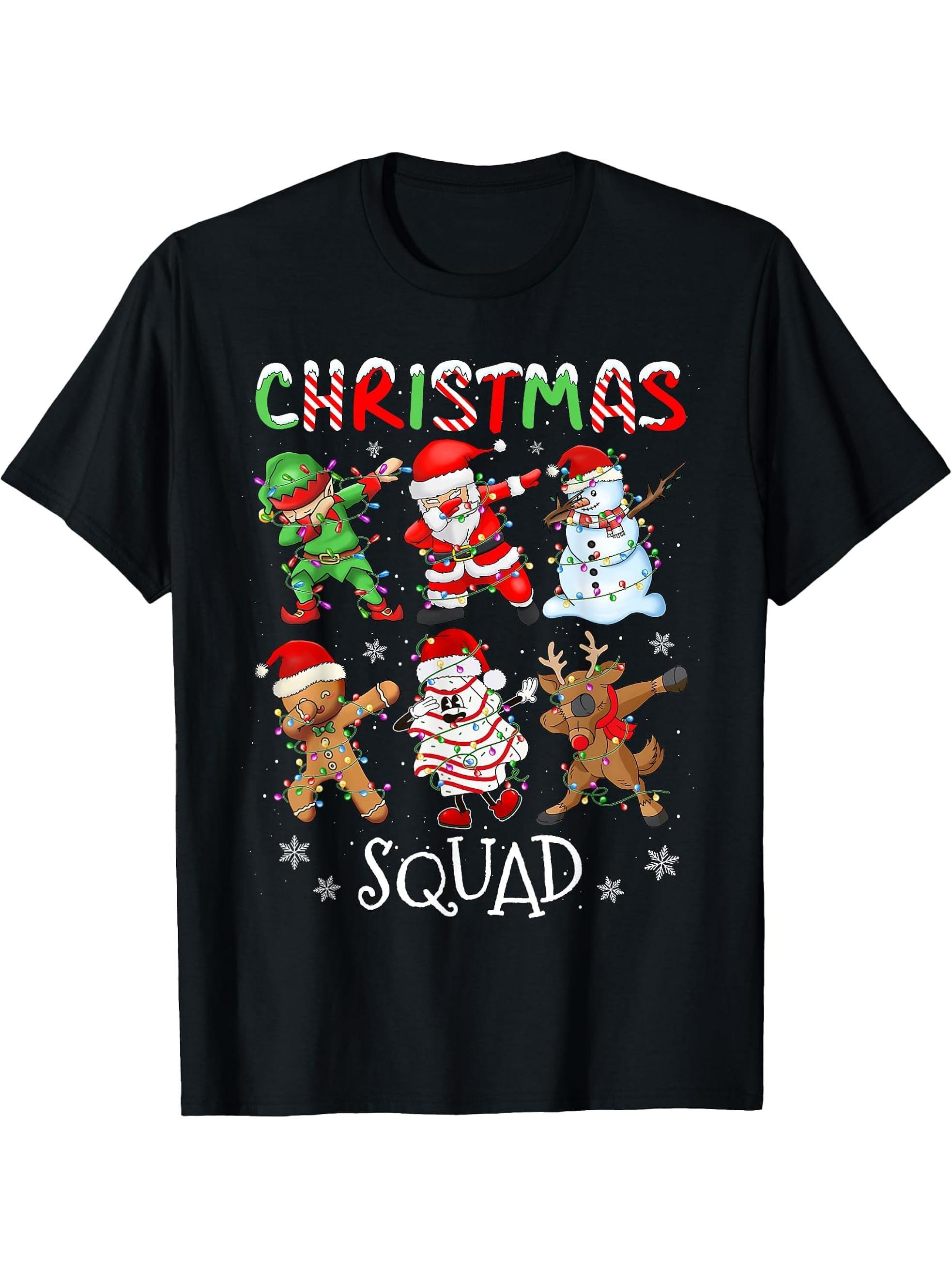 Christmas Squad Santa Dabbing Elf Family Matching Pajamas T-Shirt 180G 100% Cotton Printed Round Neck Short-Sleeve T-Shirt, Gifts for Men Dad Husband Grandpa, S-XXXL, Black