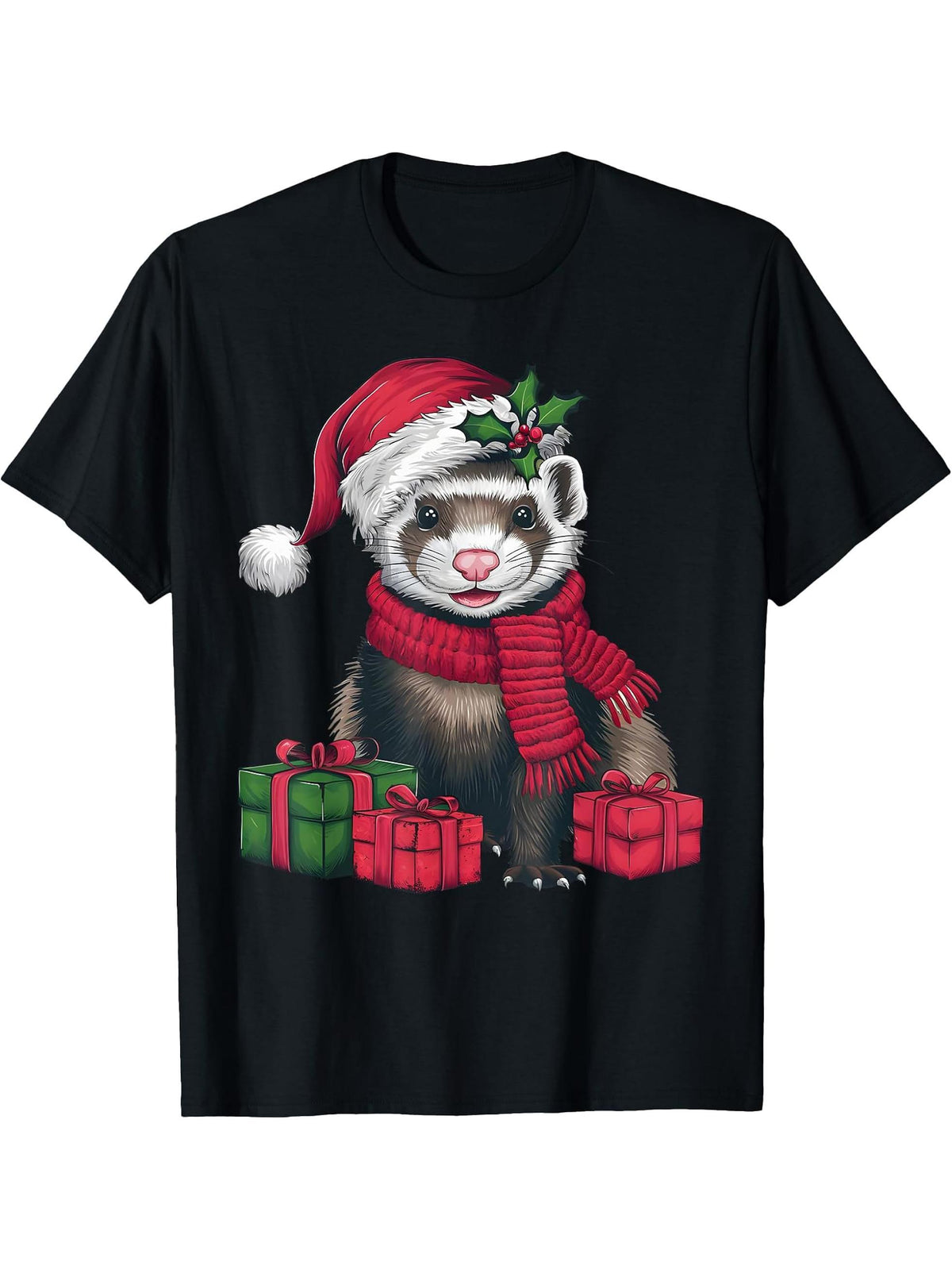 Xmas Holiday Santa Ferret Christmas T-Shirt 180G 100% Cotton Printed Round Neck Short-Sleeve T-Shirt, Gifts for Men Dad Husband Grandpa, S-XXXL, Black