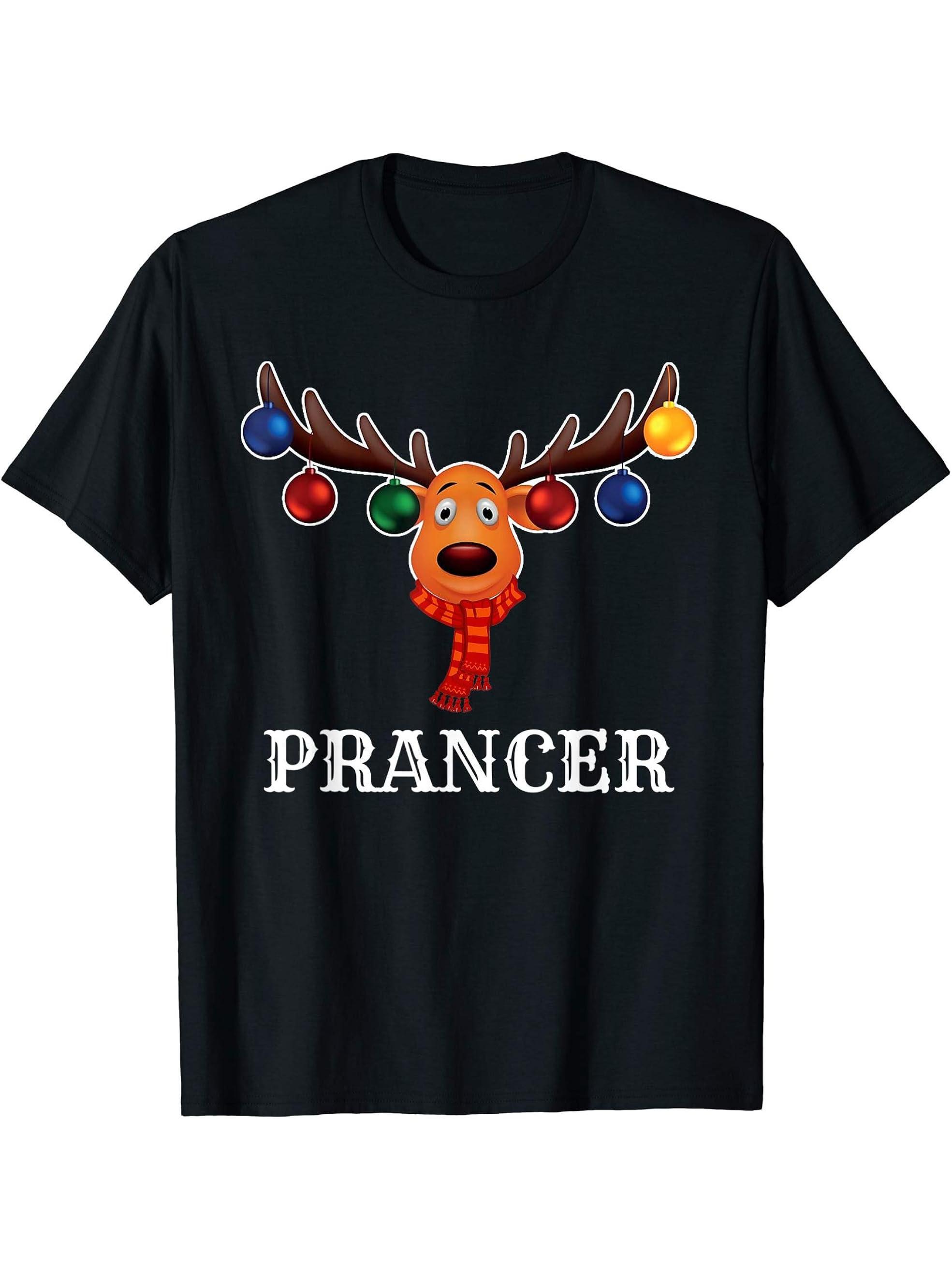 Santa Reindeer Prancer Xmas Group Costume T-Shirt 180G 100% Cotton Printed Round Neck Short-Sleeve T-Shirt, Gifts for Men Dad Husband Grandpa, S-XXXL, Black