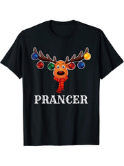 Santa Reindeer Prancer Xmas Group Costume T-Shirt 180G 100% Cotton Printed Round Neck Short-Sleeve T-Shirt, Gifts for Men Dad Husband Grandpa, S-XXXL, Black