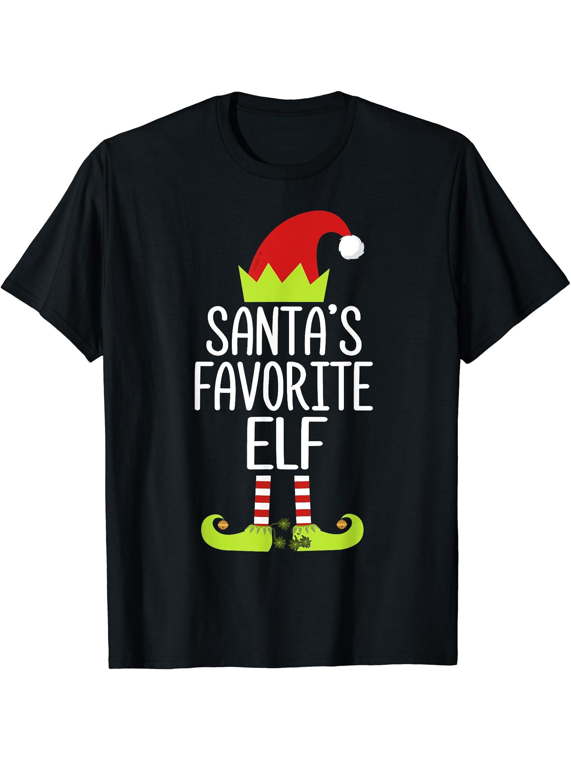 Santa's Favorite Elf Shirt Christmas Family Elf Costume Tee 180G 100% Cotton Printed Round Neck Short-Sleeve T-Shirt, Gifts for Men Dad Husband Grandpa, S-XXXL, Black