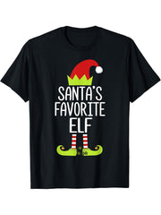 Santa's Favorite Elf Shirt Christmas Family Elf Costume Tee 180G 100% Cotton Printed Round Neck Short-Sleeve T-Shirt, Gifts for Men Dad Husband Grandpa, S-XXXL, Black