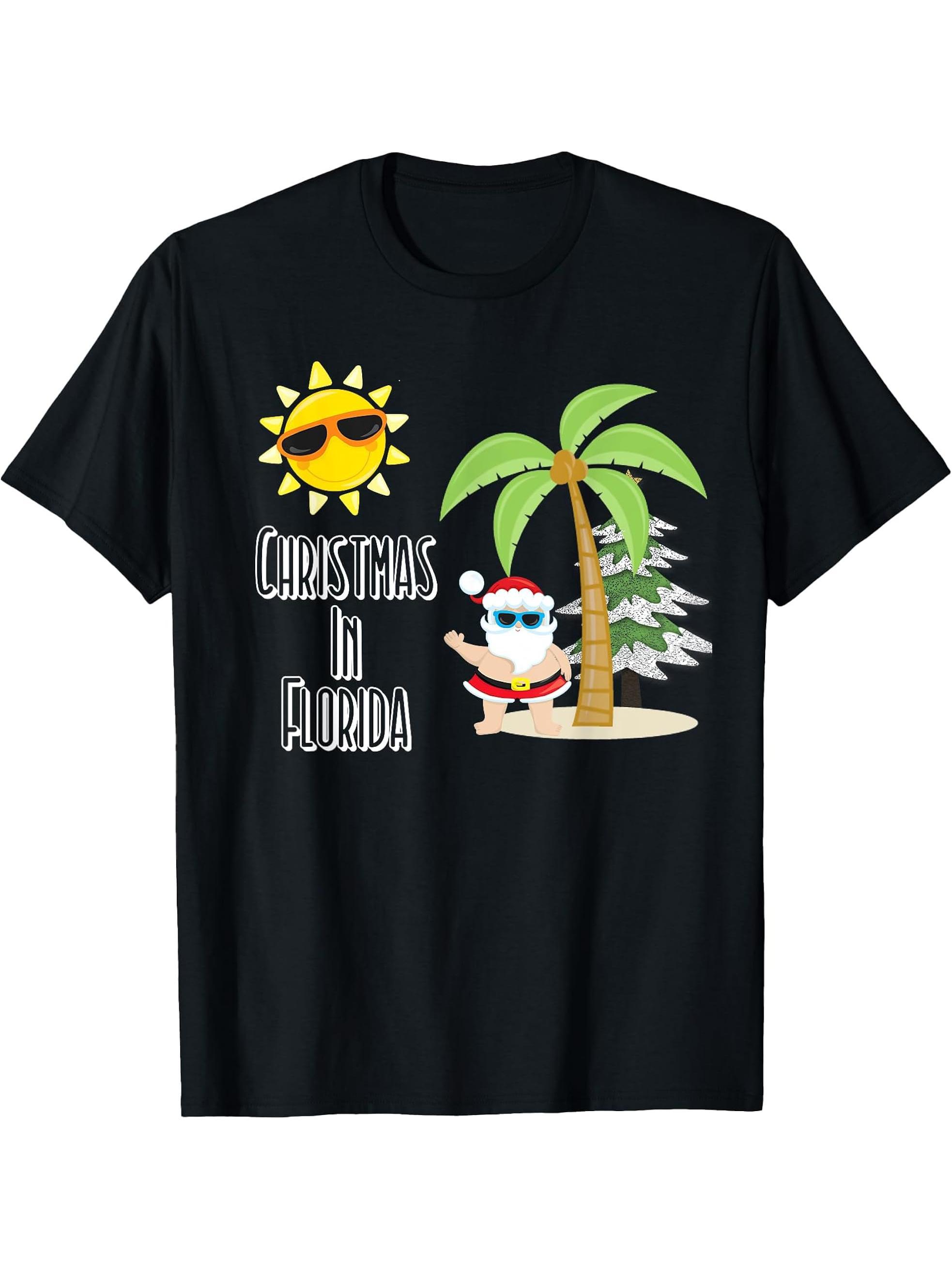 Merry Christmas Florida Style T Shirt Santa Summer Beach T-Shirt 180G 100% Cotton Printed Round Neck Short-Sleeve T-Shirt, Gifts for Men Dad Husband Grandpa, S-XXXL, Black