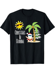 Merry Christmas Florida Style T Shirt Santa Summer Beach T-Shirt 180G 100% Cotton Printed Round Neck Short-Sleeve T-Shirt, Gifts for Men Dad Husband Grandpa, S-XXXL, Black