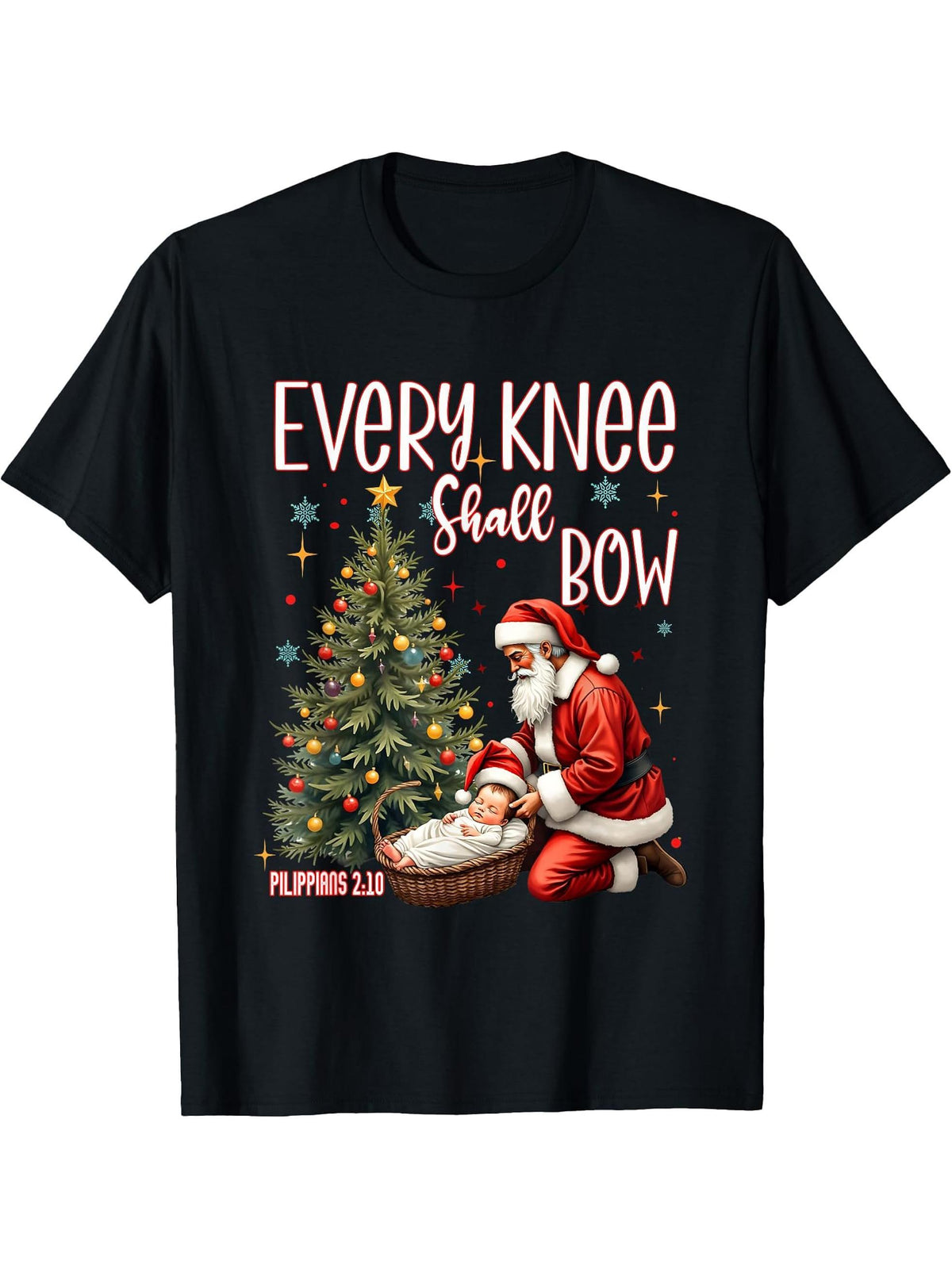 Retro Every Knee Shall Bow Christian Christmas, Vintage T-Shirt 180G 100% Cotton Printed Round Neck Short-Sleeve T-Shirt, Gifts for Men Dad Husband Grandpa, S-XXXL, Black