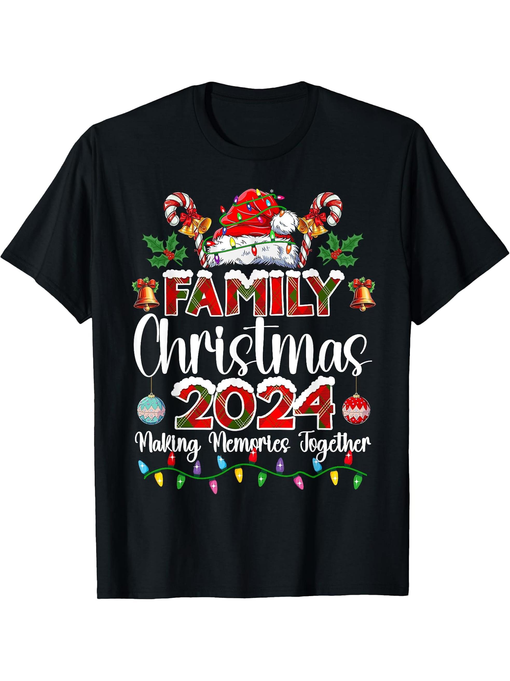 Family Christmas 2024 Matching Squad Santa Red Plaid Xmas T-Shirt 180G 100% Cotton Printed Round Neck Short-Sleeve T-Shirt, Gifts for Men Dad Husband Grandpa, S-XXXL, Black