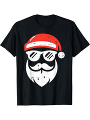Christmas Santa Face Sunglasses Cool Xmas Men Boys Boy Girl Teen T-Shirt 180G 100% Cotton Printed Round Neck Short-Sleeve T-Shirt, Gifts for Men Dad Husband Grandpa, S-XXXL, Black