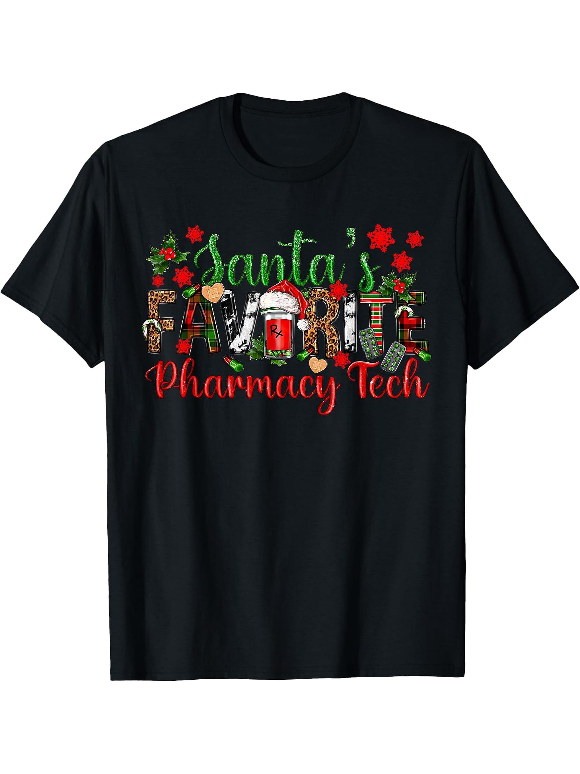 Retro Santa's Favorite Pharmacy Tech Christmas Pharmacist T-Shirt 180G 100% Cotton Printed Round Neck Short-Sleeve T-Shirt, Gifts for Men Dad Husband Grandpa, S-XXXL, Black