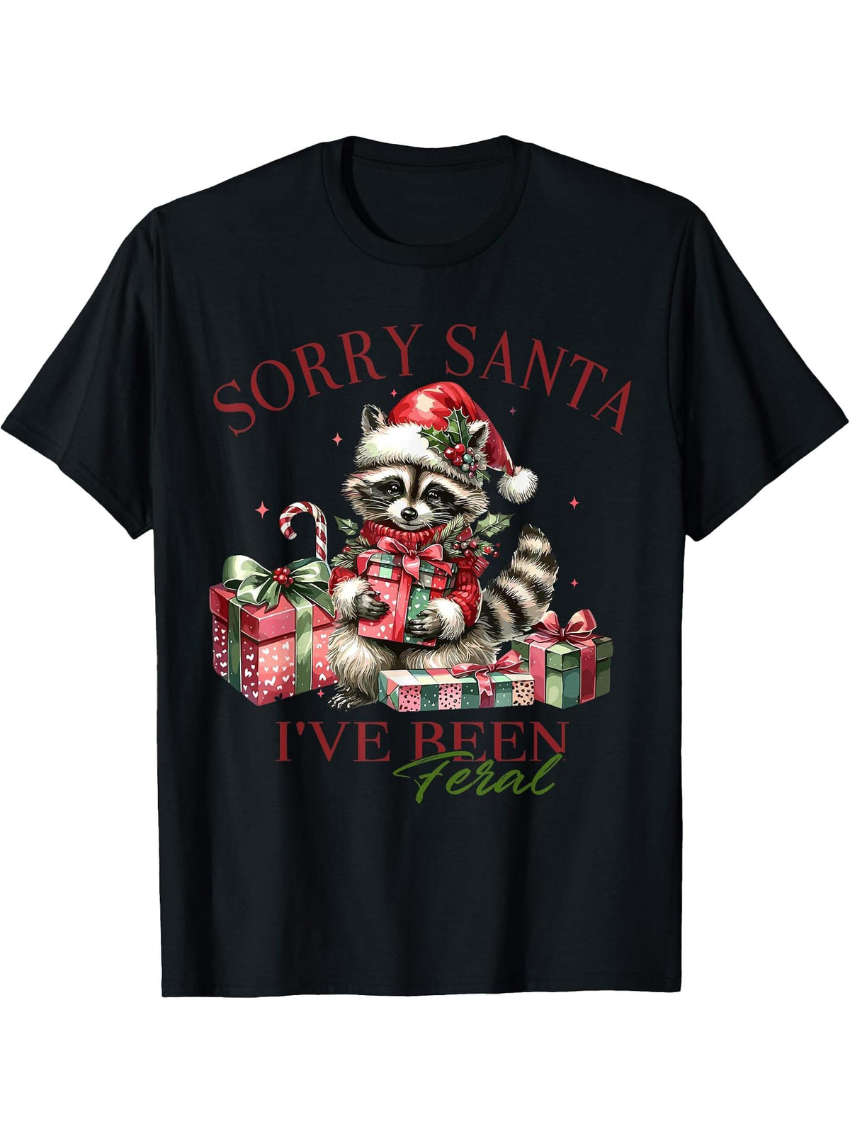 Sorry Santa I've Been Feral Funny Raccoon Christmas Lights T-Shirt 180G 100% Cotton Printed Round Neck Short-Sleeve T-Shirt, Gifts for Men Dad Husband Grandpa, S-XXXL, Black