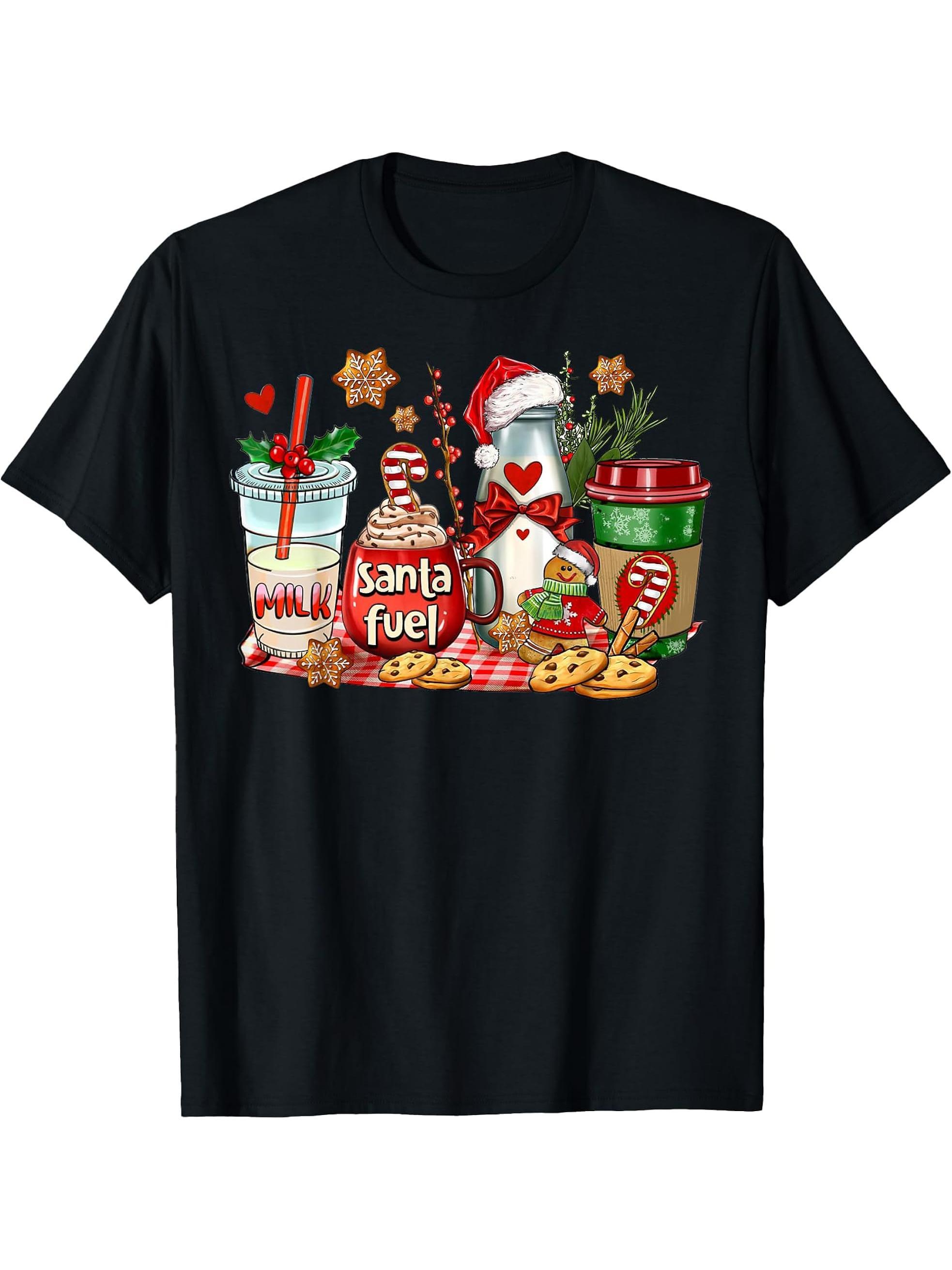 Santa Fuel Coffee Cups Merry Christmas Coffee Drinking Lover T-Shirt 180G 100% Cotton Printed Round Neck Short-Sleeve T-Shirt, Gifts for Men Dad Husband Grandpa, S-XXXL, Black