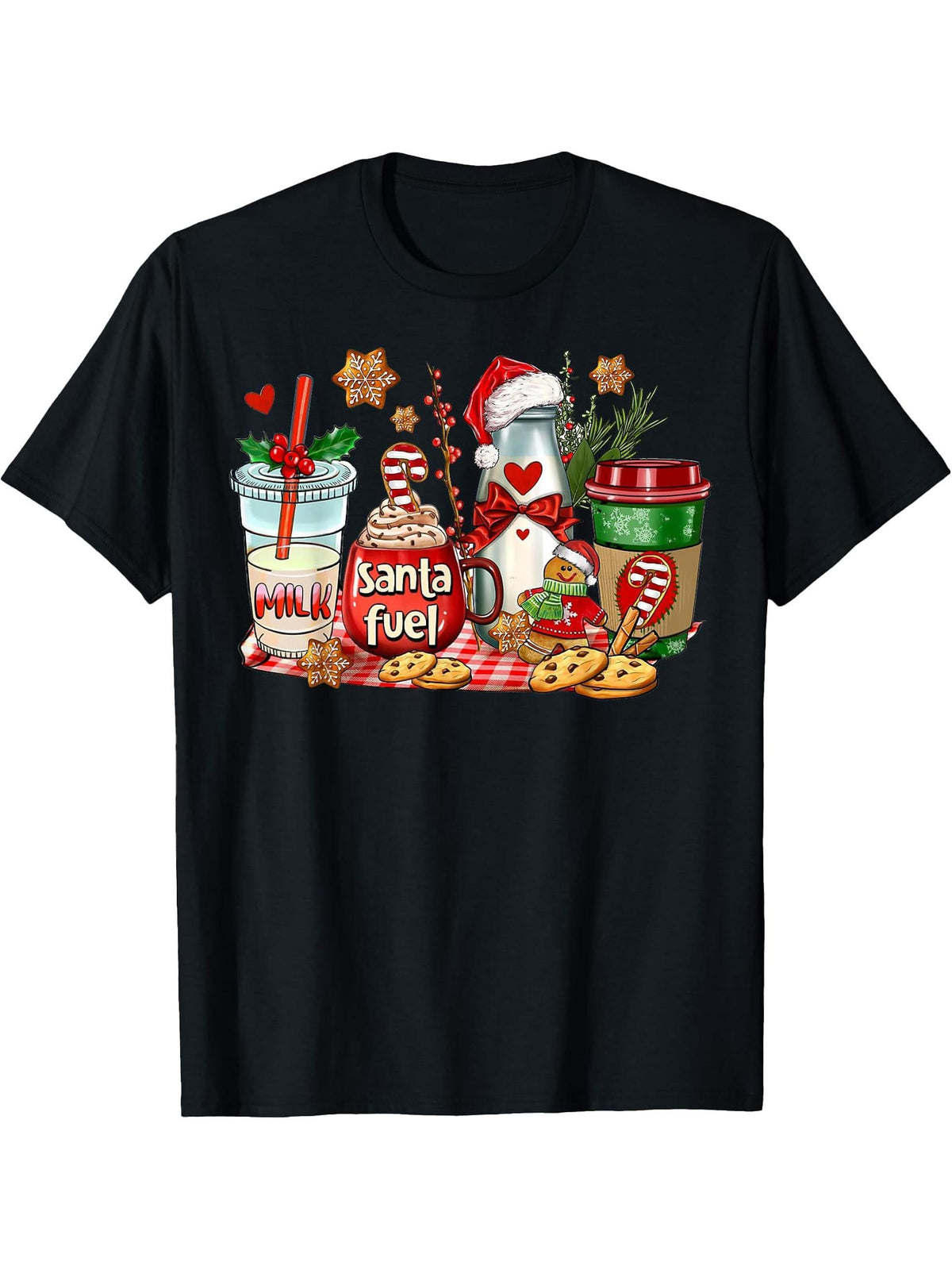 Santa Fuel Coffee Cups Merry Christmas Coffee Drinking Lover T-Shirt 180G 100% Cotton Printed Round Neck Short-Sleeve T-Shirt, Gifts for Men Dad Husband Grandpa, S-XXXL, Black