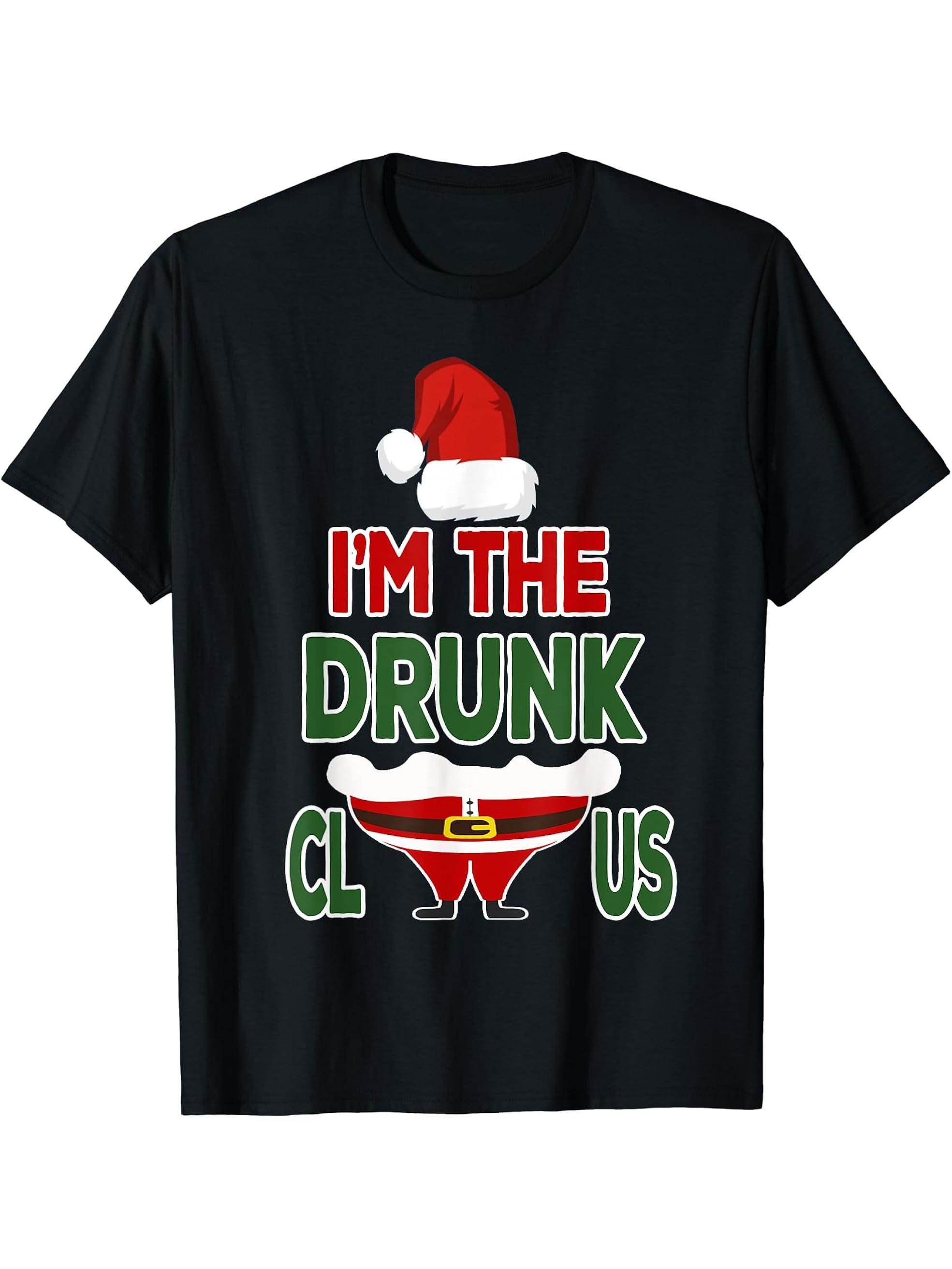 Drunk Santa Claus Christmas Family Matching Group Funny Gift T-Shirt 180G 100% Cotton Printed Round Neck Short-Sleeve T-Shirt, Gifts for Men Dad Husband Grandpa, S-XXXL, Black