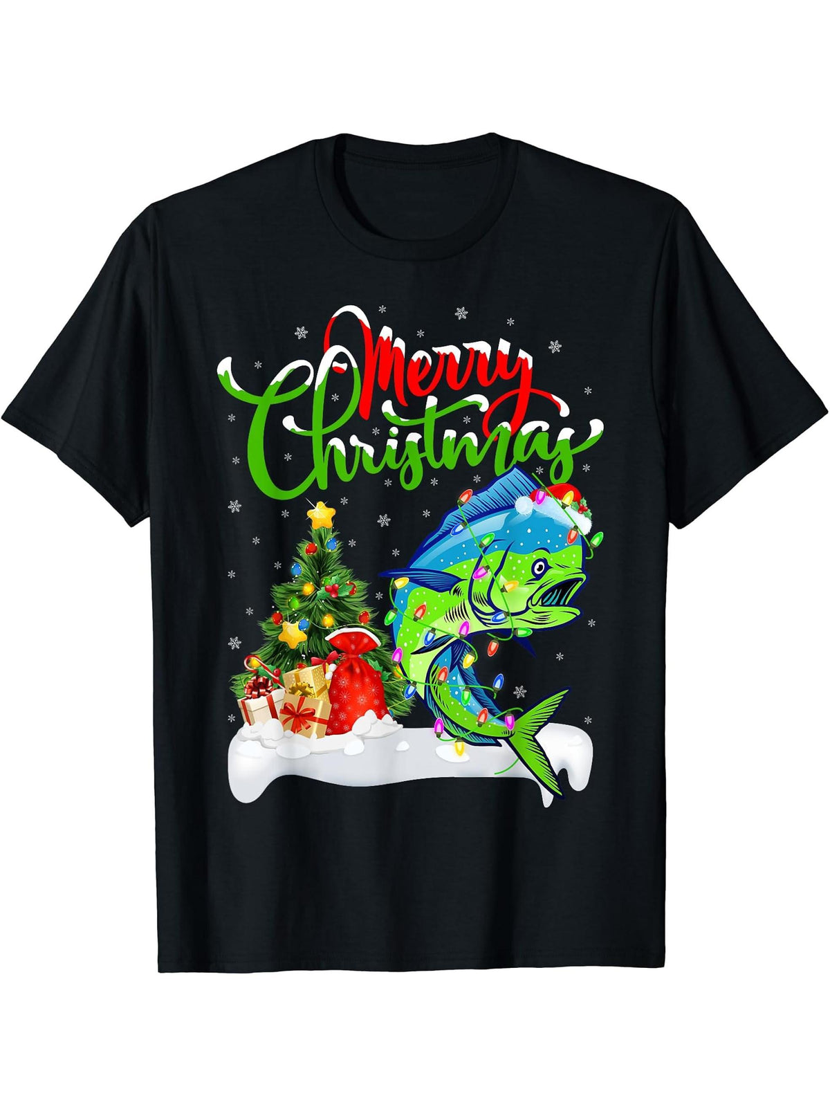 Holiday Xmas Tree Lights Santa Hat Mahi Mahi Fish Christmas T-Shirt 180G 100% Cotton Printed Round Neck Short-Sleeve T-Shirt, Gifts for Men Dad Husband Grandpa, S-XXXL, Black