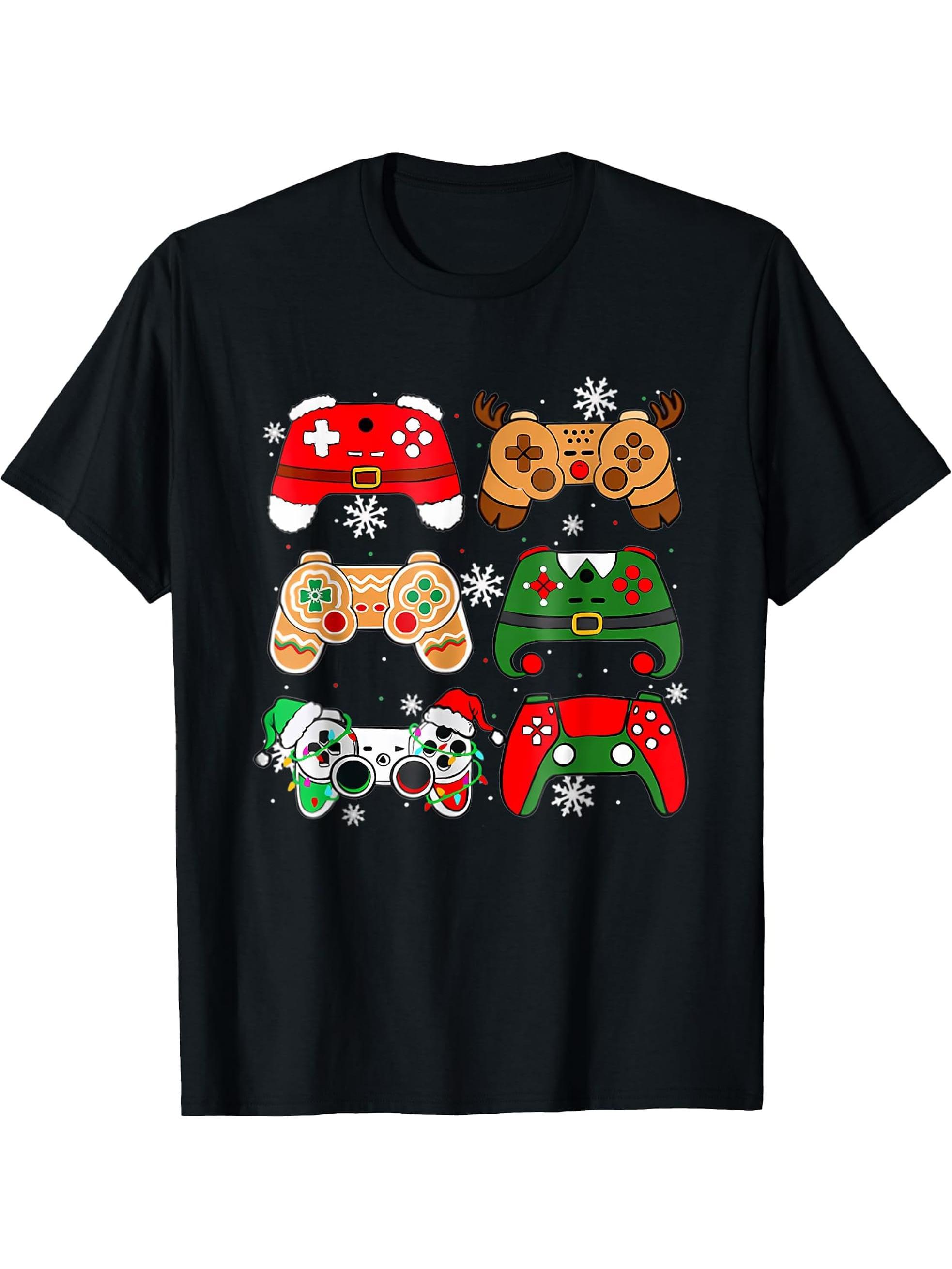 Boys Christmas Shirt Santa Elf Gaming Controllers Gamer Xmas T-Shirt 180G 100% Cotton Printed Round Neck Short-Sleeve T-Shirt, Gifts for Men Dad Husband Grandpa, S-XXXL, Black