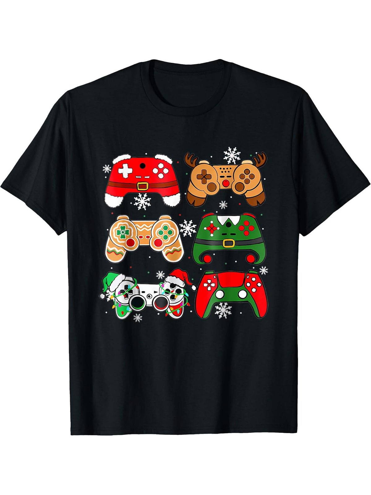 Boys Christmas Shirt Santa Elf Gaming Controllers Gamer Xmas T-Shirt 180G 100% Cotton Printed Round Neck Short-Sleeve T-Shirt, Gifts for Men Dad Husband Grandpa, S-XXXL, Black