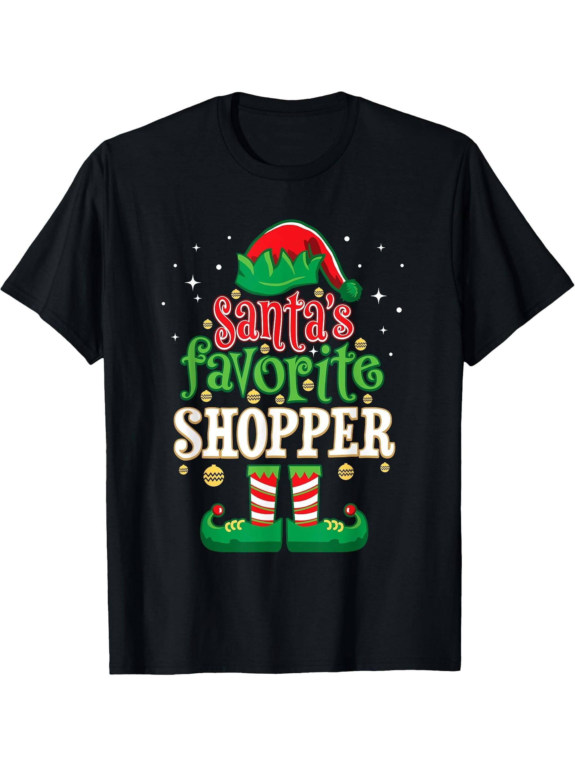 Santa's Favorite Shopper Christmas Matching Shopping T-Shirt 180G 100% Cotton Printed Round Neck Short-Sleeve T-Shirt, Gifts for Men Dad Husband Grandpa, S-XXXL, Black