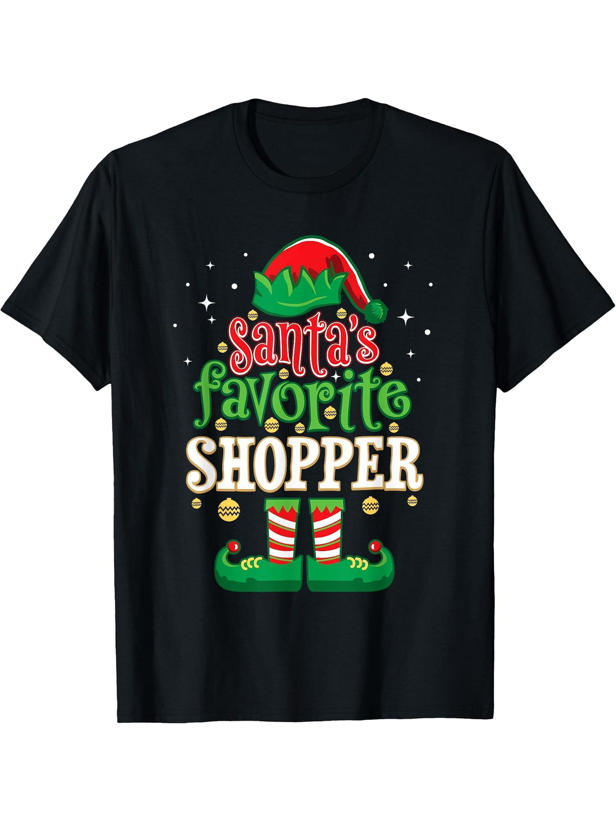 Santa's Favorite Shopper Christmas Matching Shopping T-Shirt 180G 100% Cotton Printed Round Neck Short-Sleeve T-Shirt, Gifts for Men Dad Husband Grandpa, S-XXXL, Black