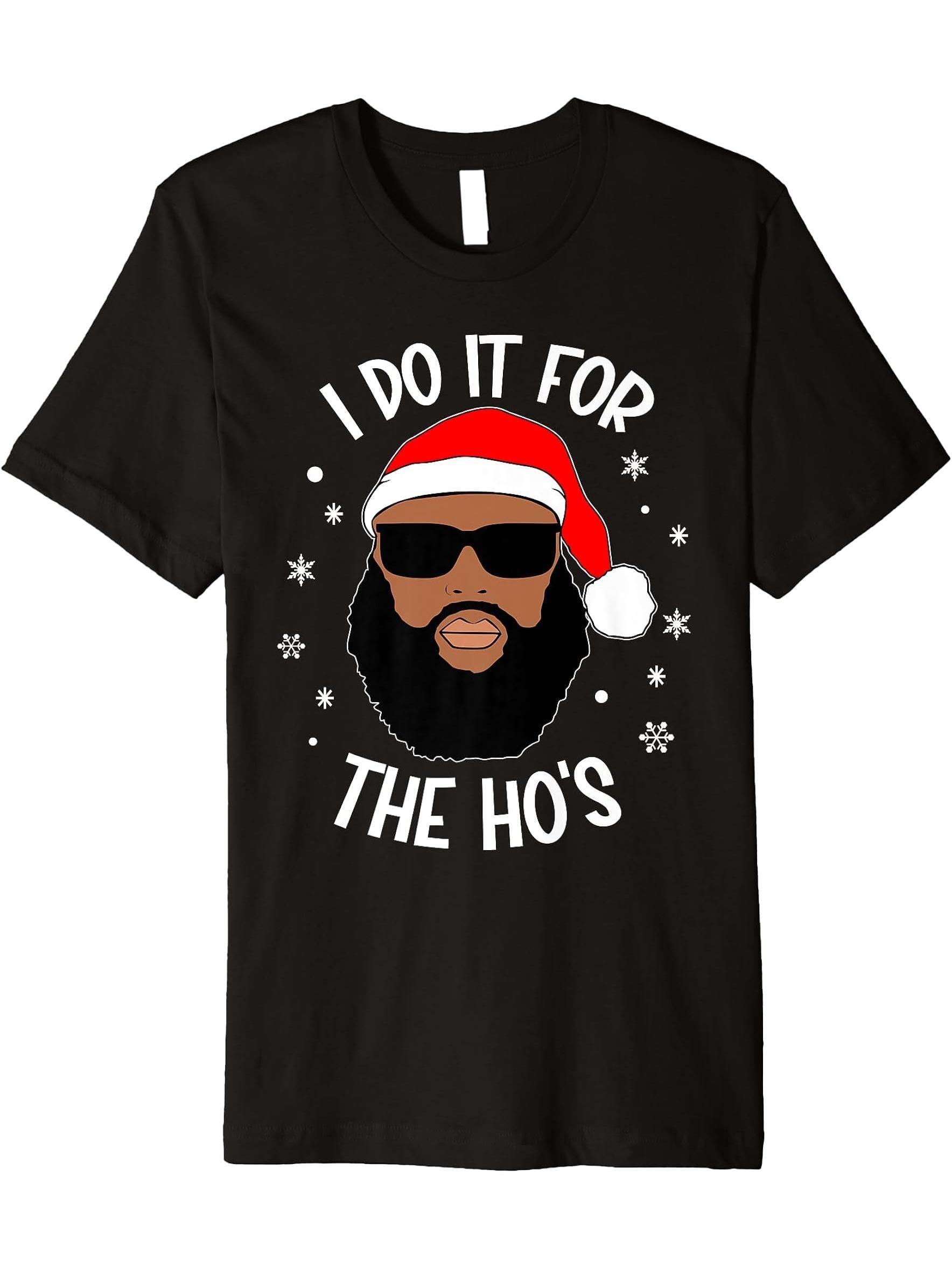 I Do It For The Hos Christmas African American Santa Black Premium T-Shirt 180G 100% Cotton Printed Round Neck Short-Sleeve T-Shirt, Gifts for Men Dad Husband Grandpa, S-XXXL, Black