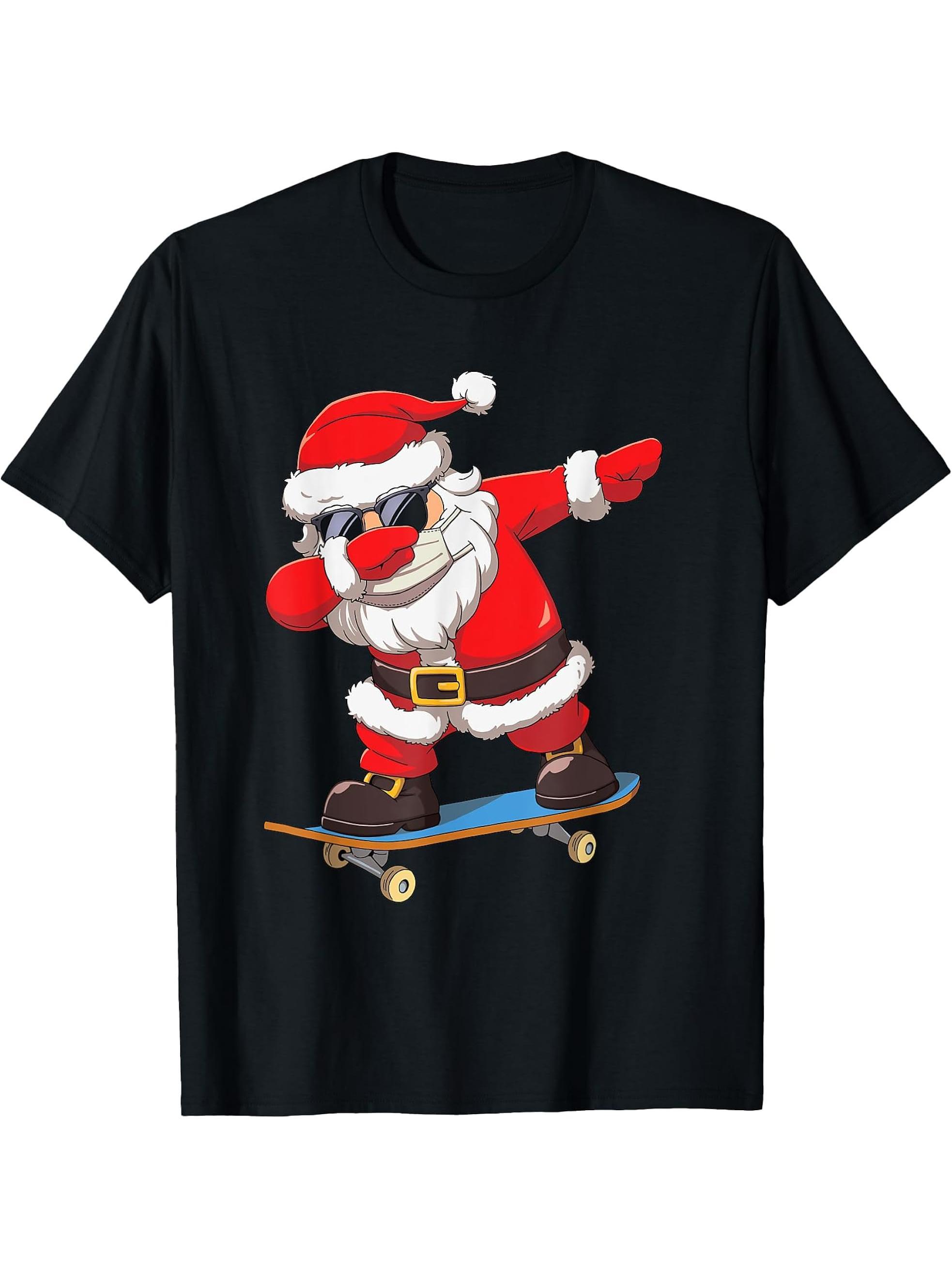 Dabbing Santa Claus Boy Girl Boys Skate Skateboard Christmas T-Shirt 180G 100% Cotton Printed Round Neck Short-Sleeve T-Shirt, Gifts for Men Dad Husband Grandpa, S-XXXL, Black